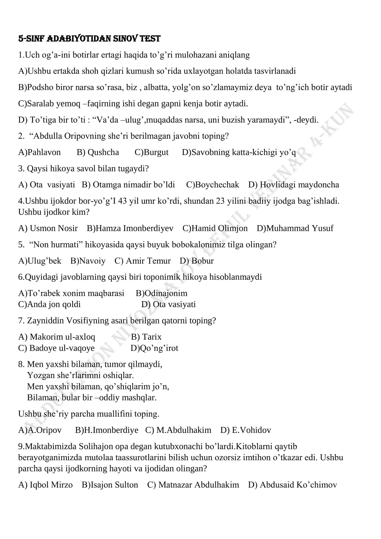 5-sinf adabiyotidan sinov test