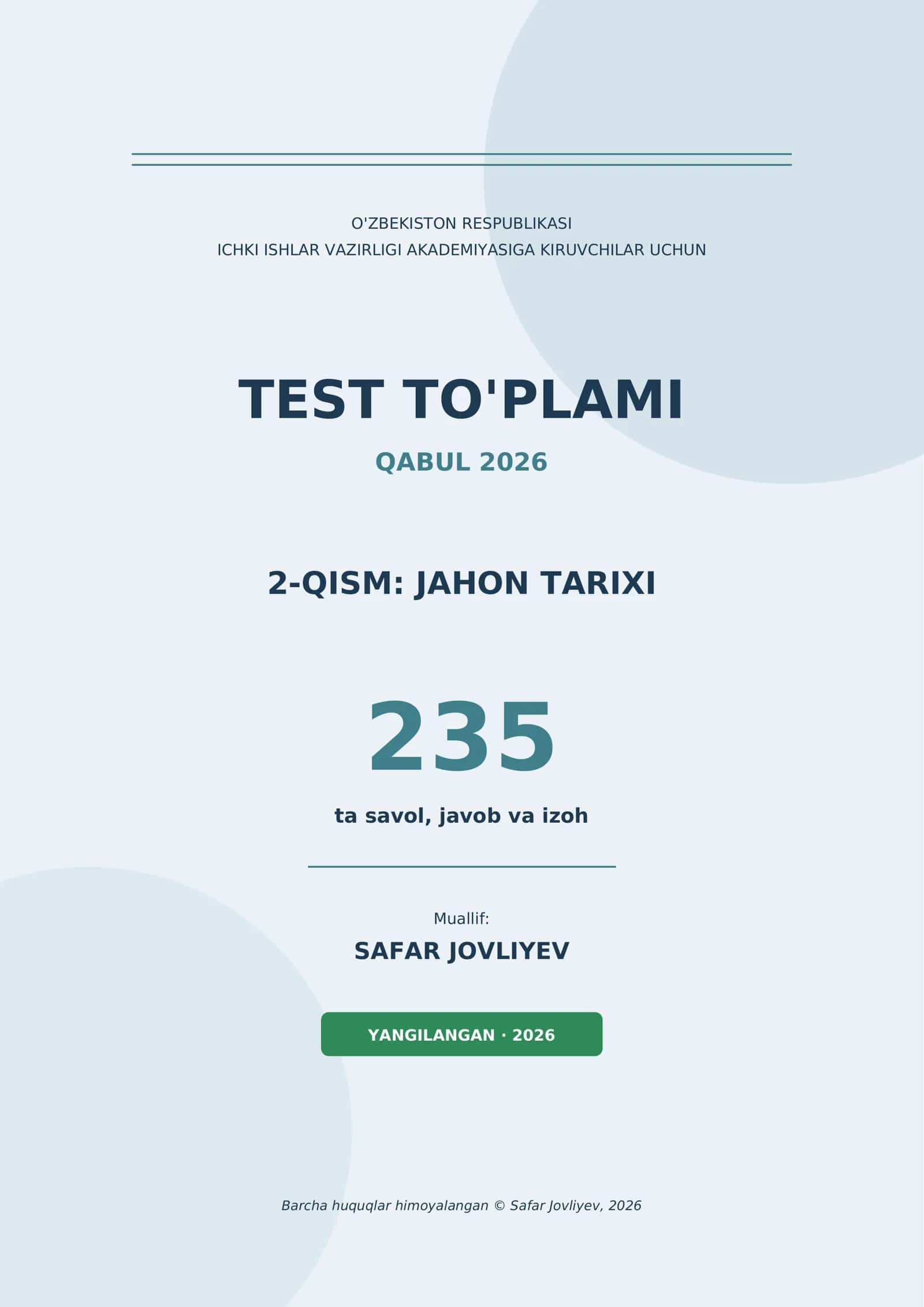 TEST TO'PLAMI QABUL 2026: JAHON TARIXI