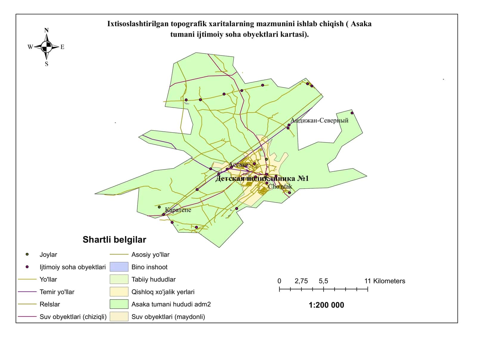 Ixtisoslashtirilgan topografik xaritalarning mazmunini ishlab chiqish ( Asaka tumani ijtimoiy soha obyektlari kartasi).