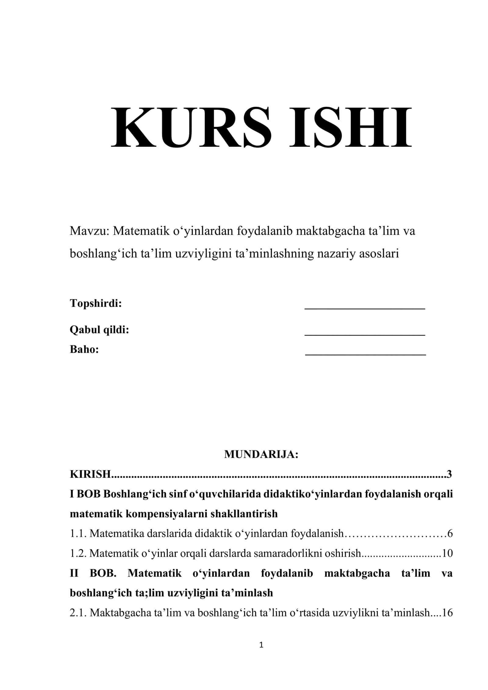 Matematik o‘yinlardan foydalanib maktabgacha ta’lim va boshlang‘ich ta’lim uzviyligini ta’minlashning nazariy asoslari