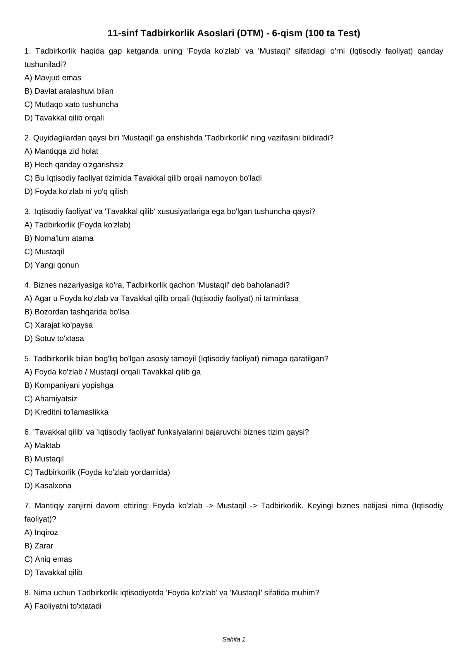 11-sinf Tadbirkorlik Asoslari (DTM) - 6-qism (100 ta Test)