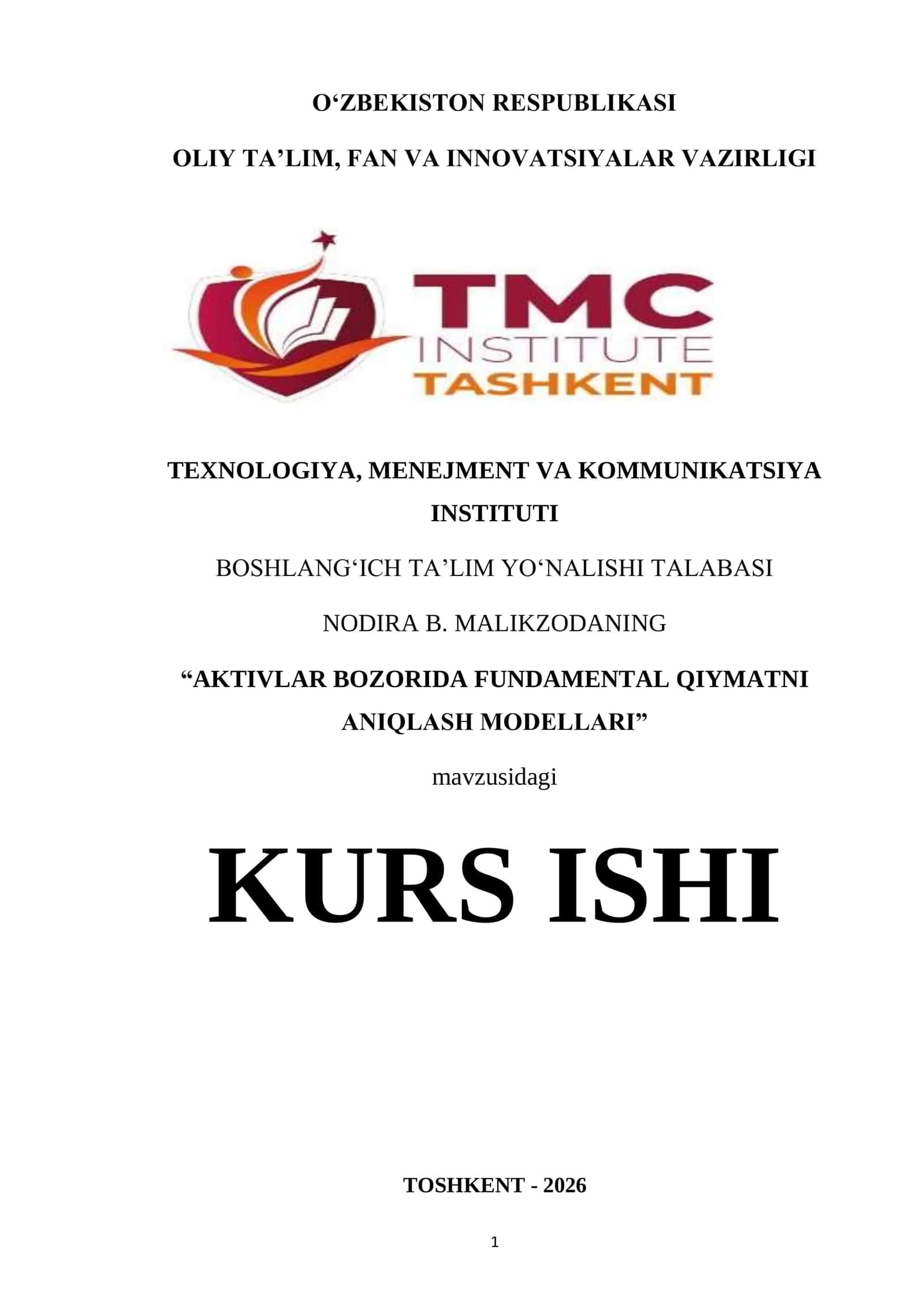 AKTIVLAR BOZORIDA FUNDAMENTAL QIYMATNI ANIQLASH MODELLARI