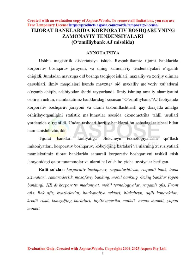 TIJORAT BANKLARIDA KORPORATIV BOSHQARUVNING ZAMONAVIY TENDENSIYALARI (O‘zmilliybank AJ misolida)