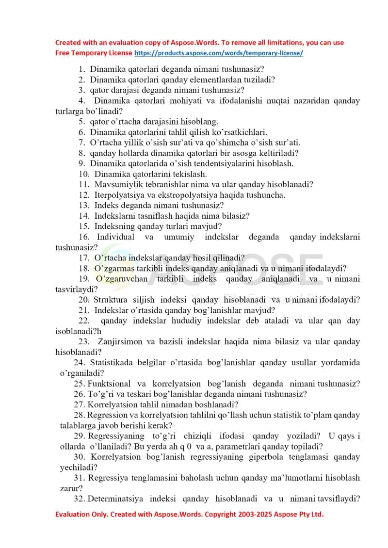 Statistika va Dinamika Qatorlari Savollari To‘plami