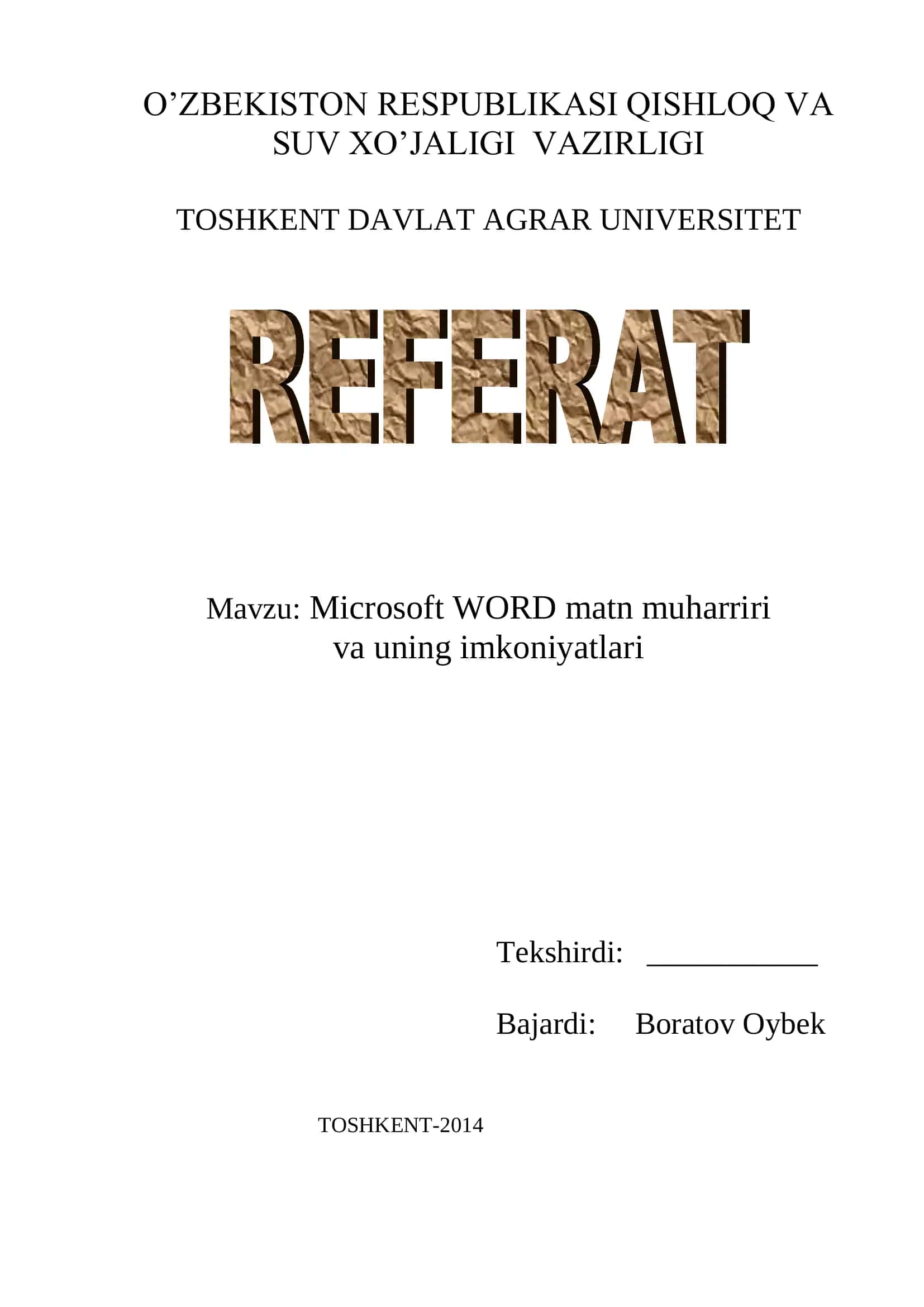 Microsoft WORD matn muharriri va uning imkoniyatlari