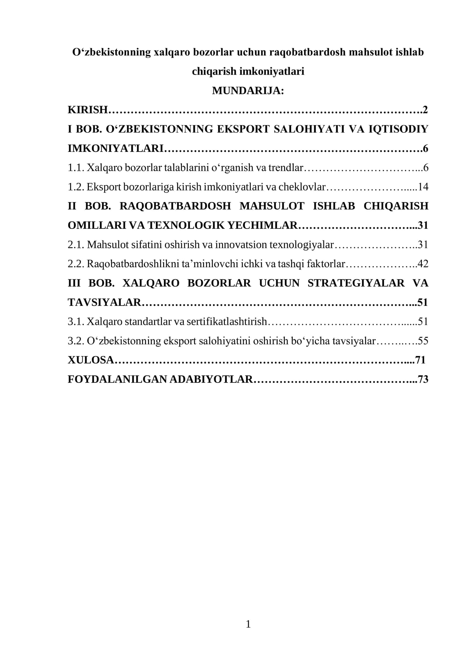 O‘zbekistonning xalqaro bozorlar uchun raqobatbardosh mahsulot ishlab chiqarish imkoniyatlari
