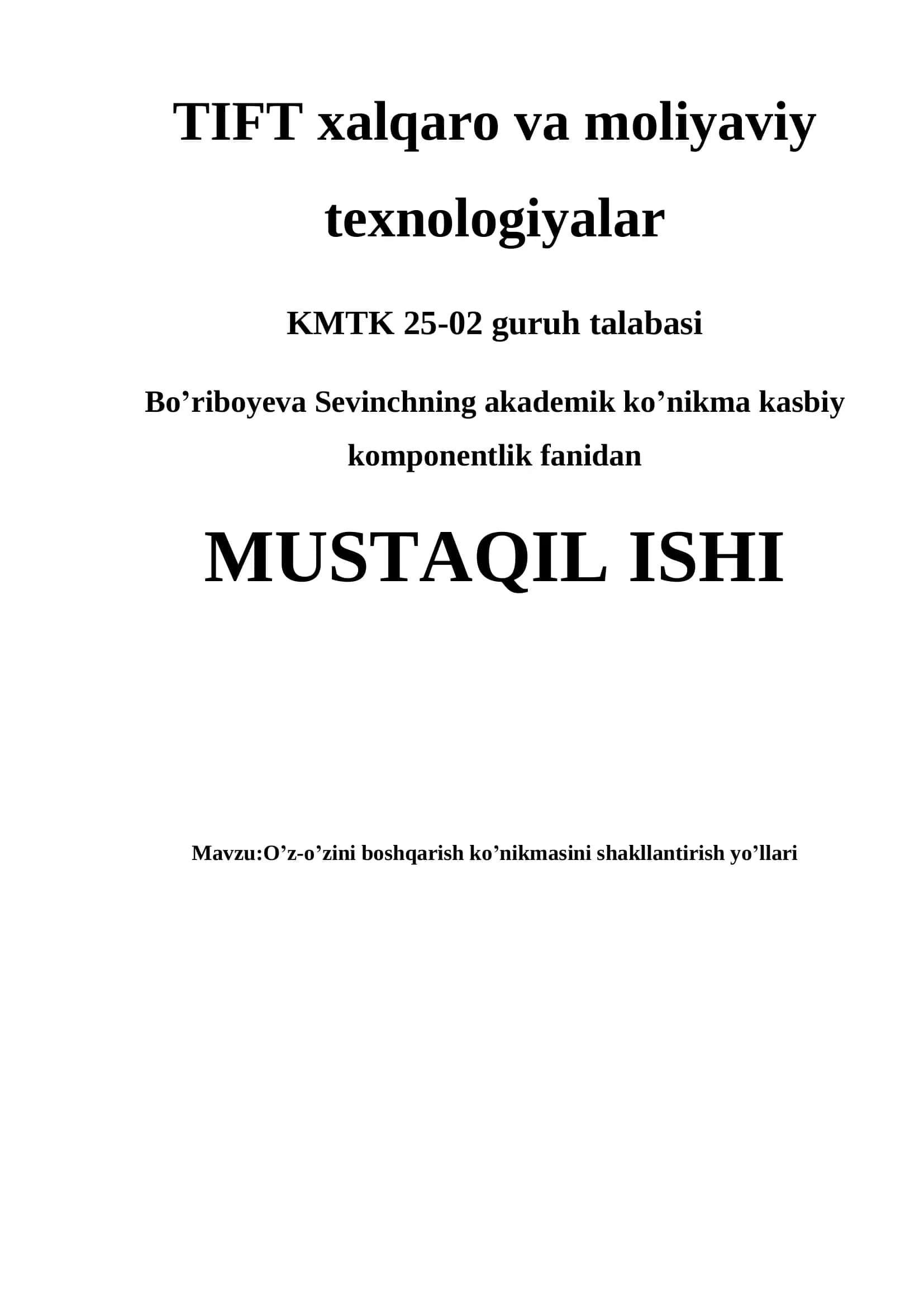 O'z-o'zini boshqarish ko'nikmasini shakllantirish yo'llari