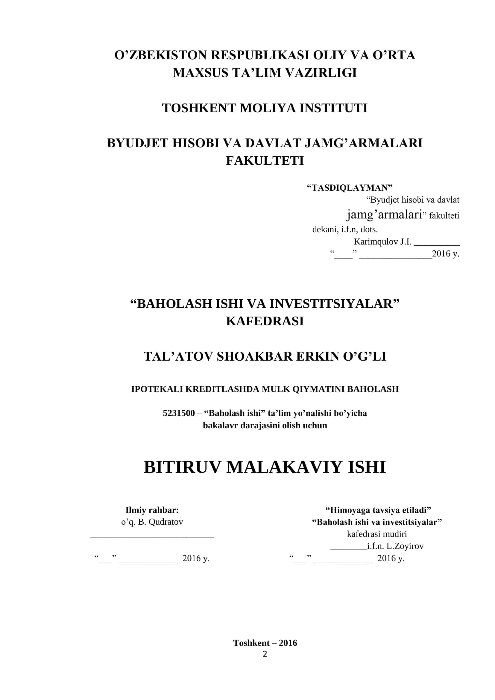 Baholash ishi va investitsiyalar