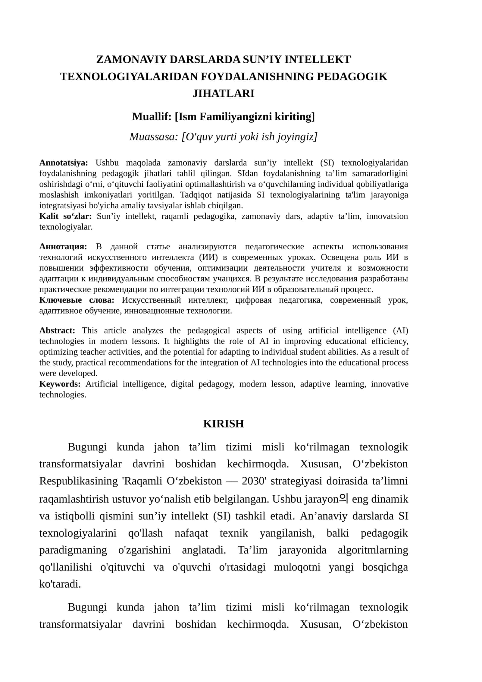 ZAMONAVIY DARSLARDA SUN’IY INTELLEKT TEXNOLOGIYALARIDAN FOYDALANISHNING PEDAGOGIK JIHATLARI