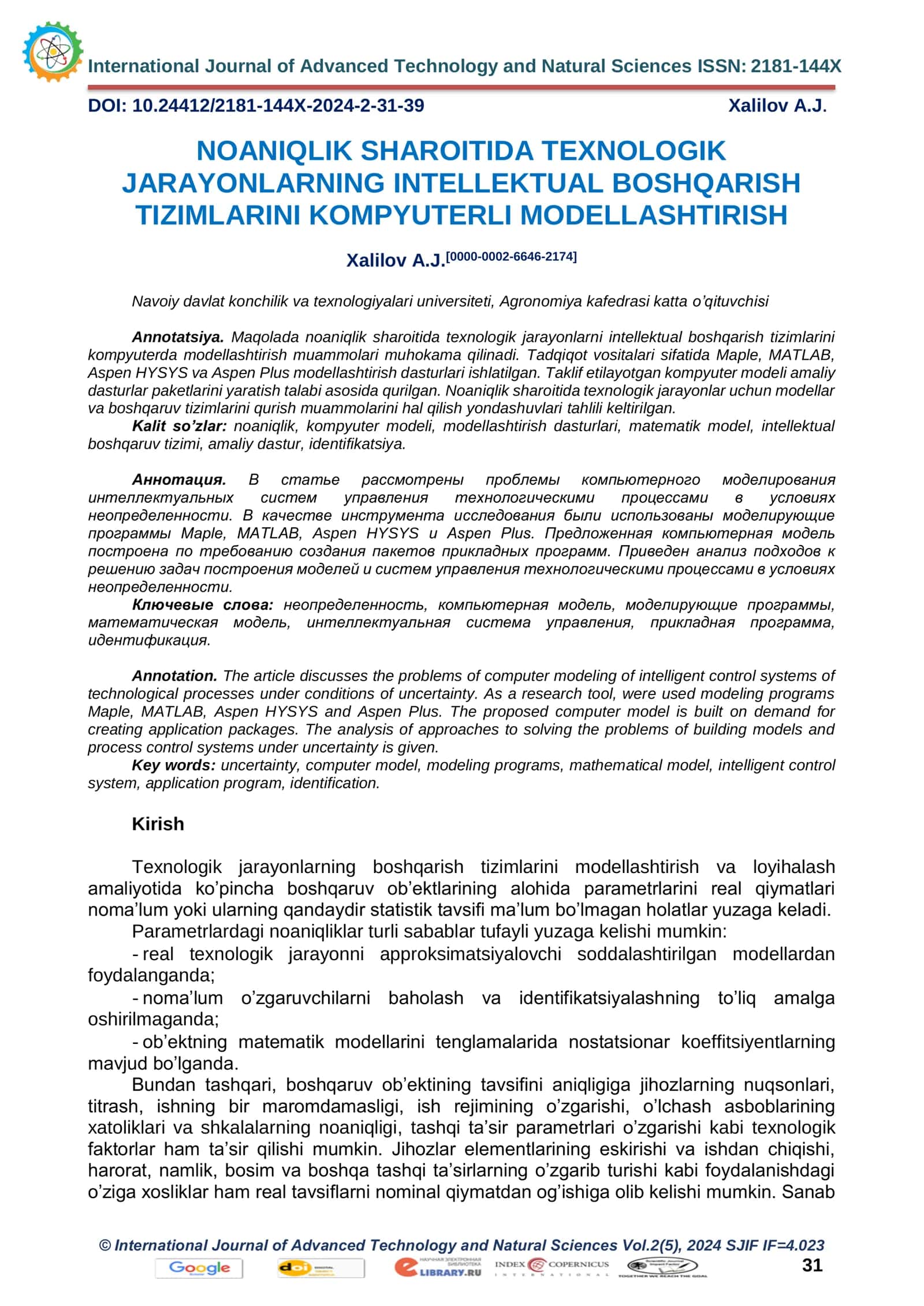 NOANIQLIK SHAROITIDA TEXNOLOGIK JARAYONLARNING INTELLEKTUAL BOSHQARISH TIZIMLARINI KOMPYUTERLI MODELLASHTIRISH