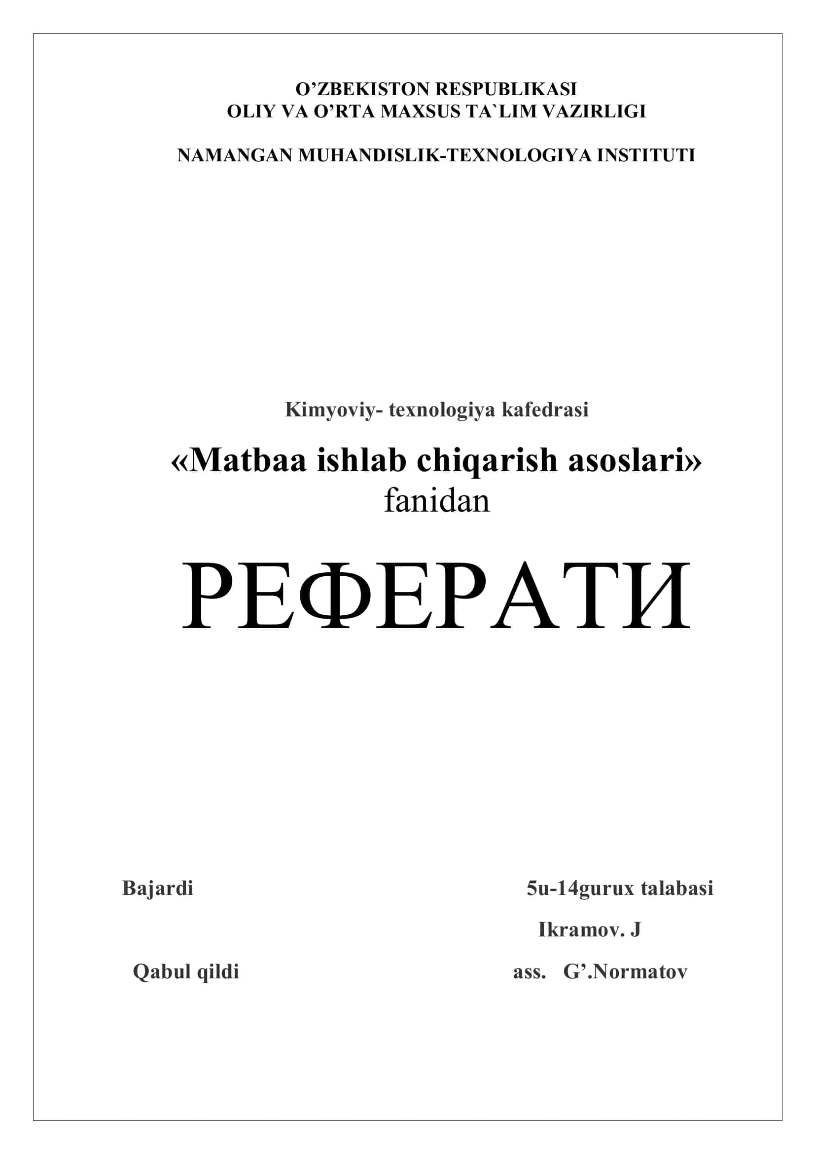 "Matbaa ishlab chiqarish asoslari"