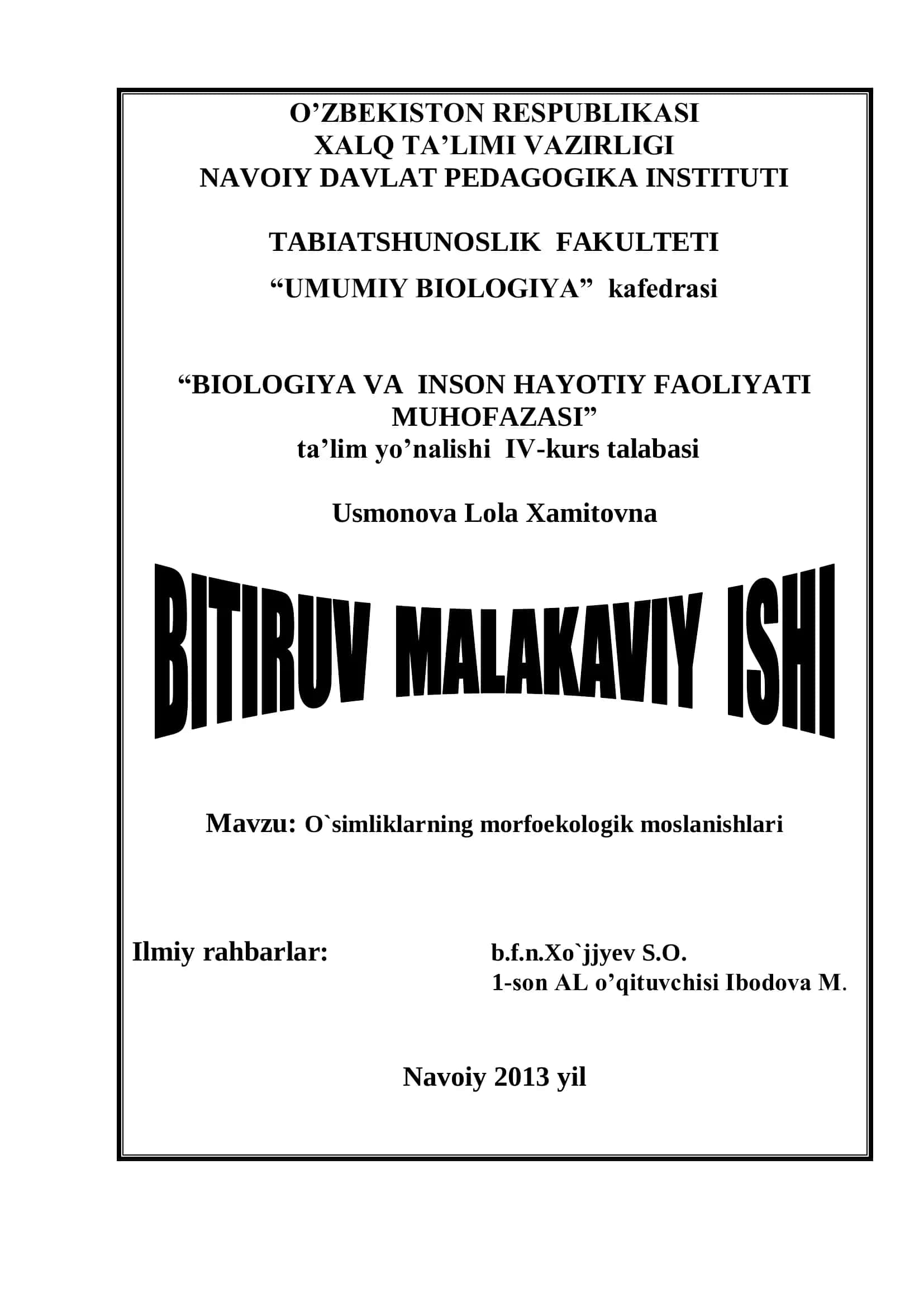 O`simliklarning morfoekologik moslanishlari