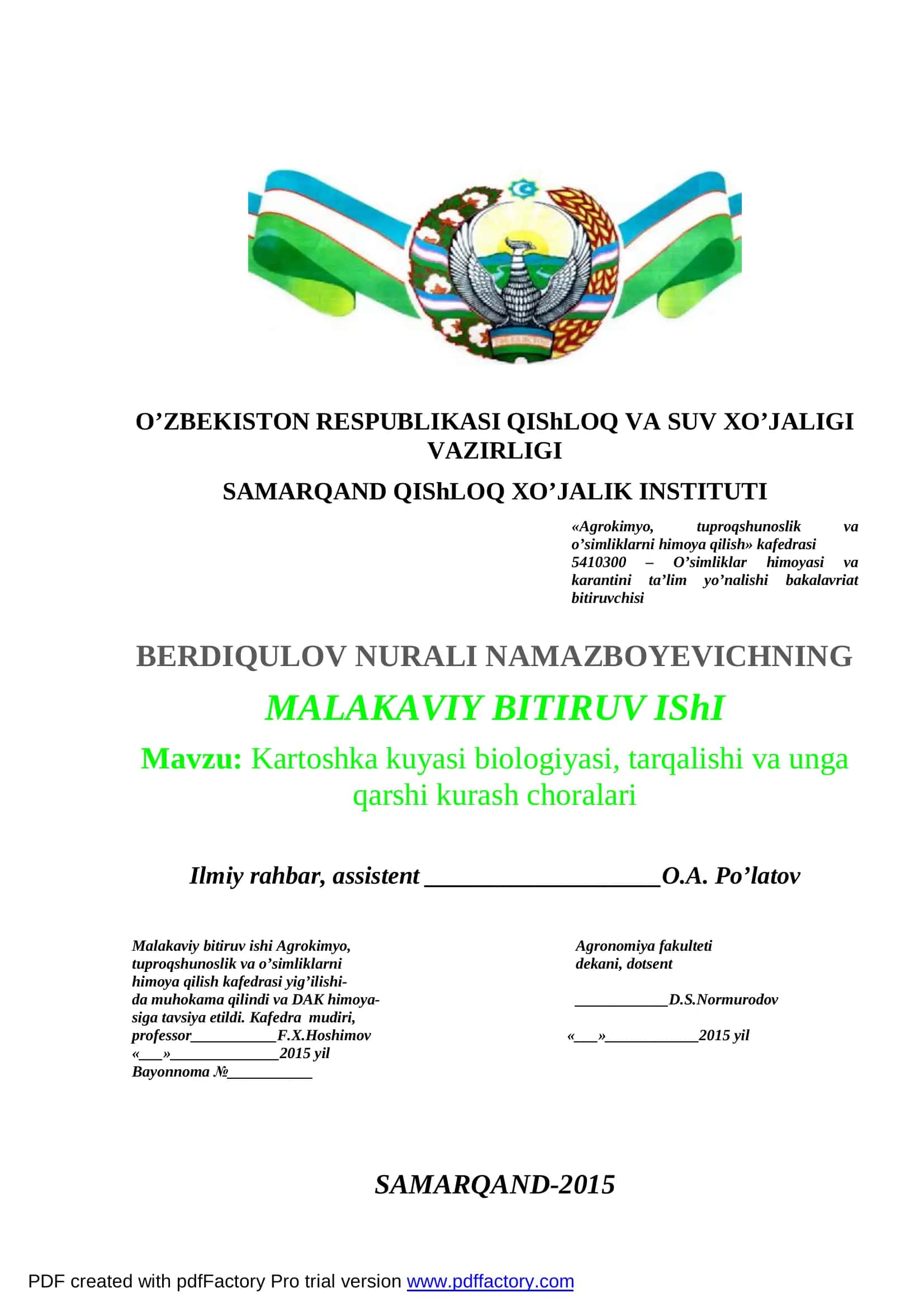 Kartoshka kuyasi biologiyasi, tarqalishi va unga qarshi kurash choralari