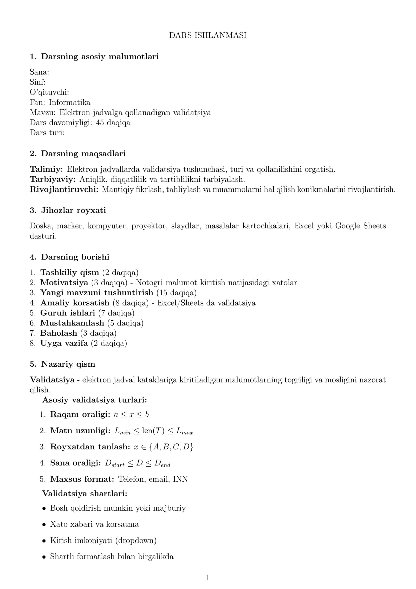 Elektron jadvalga qo'llanadigan validatsiya