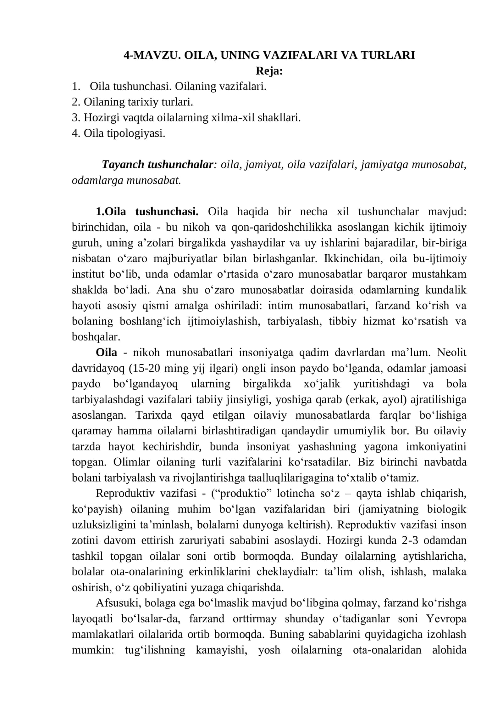 OILA, UNING VAZIFALARI VA TURLARI
