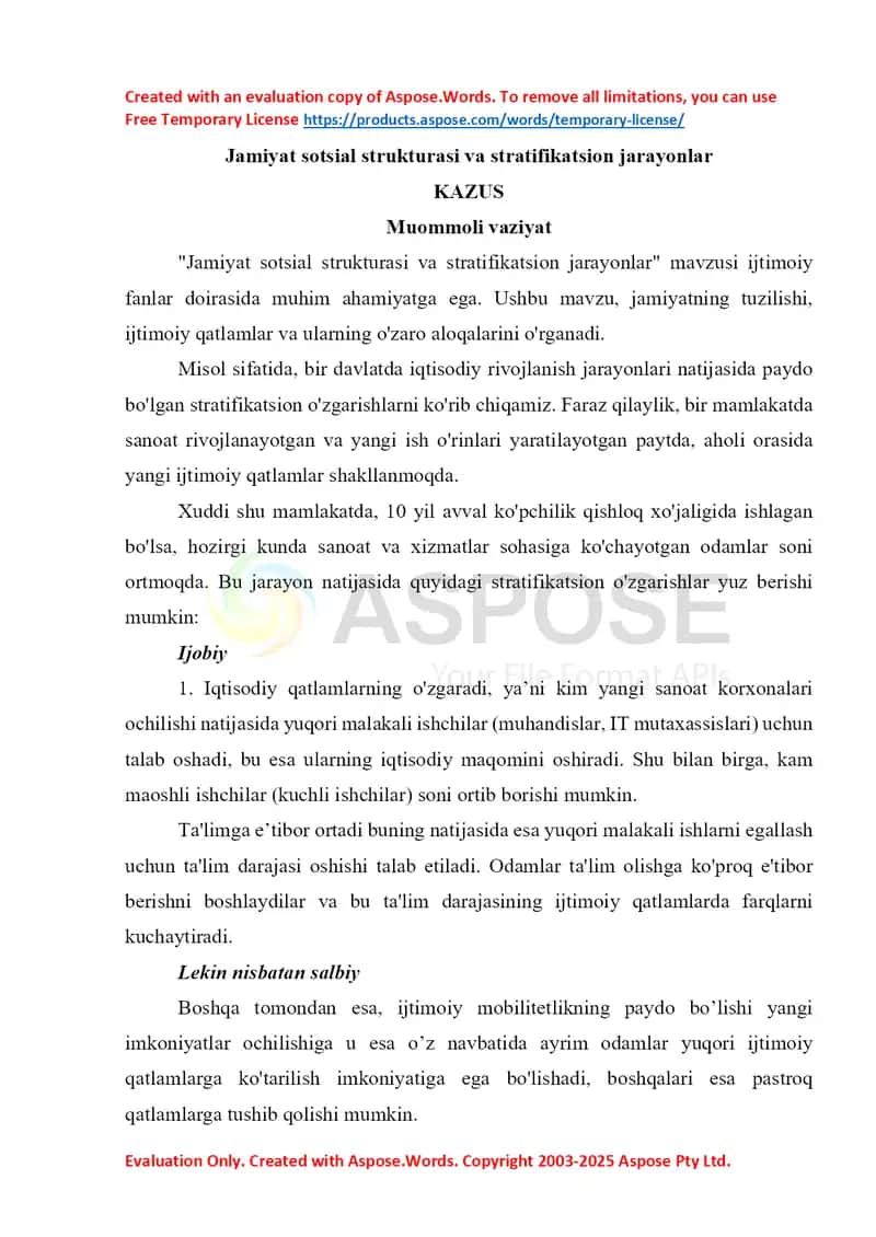 Jamiyat sotsial strukturasi va stratifikatsion jarayonlar