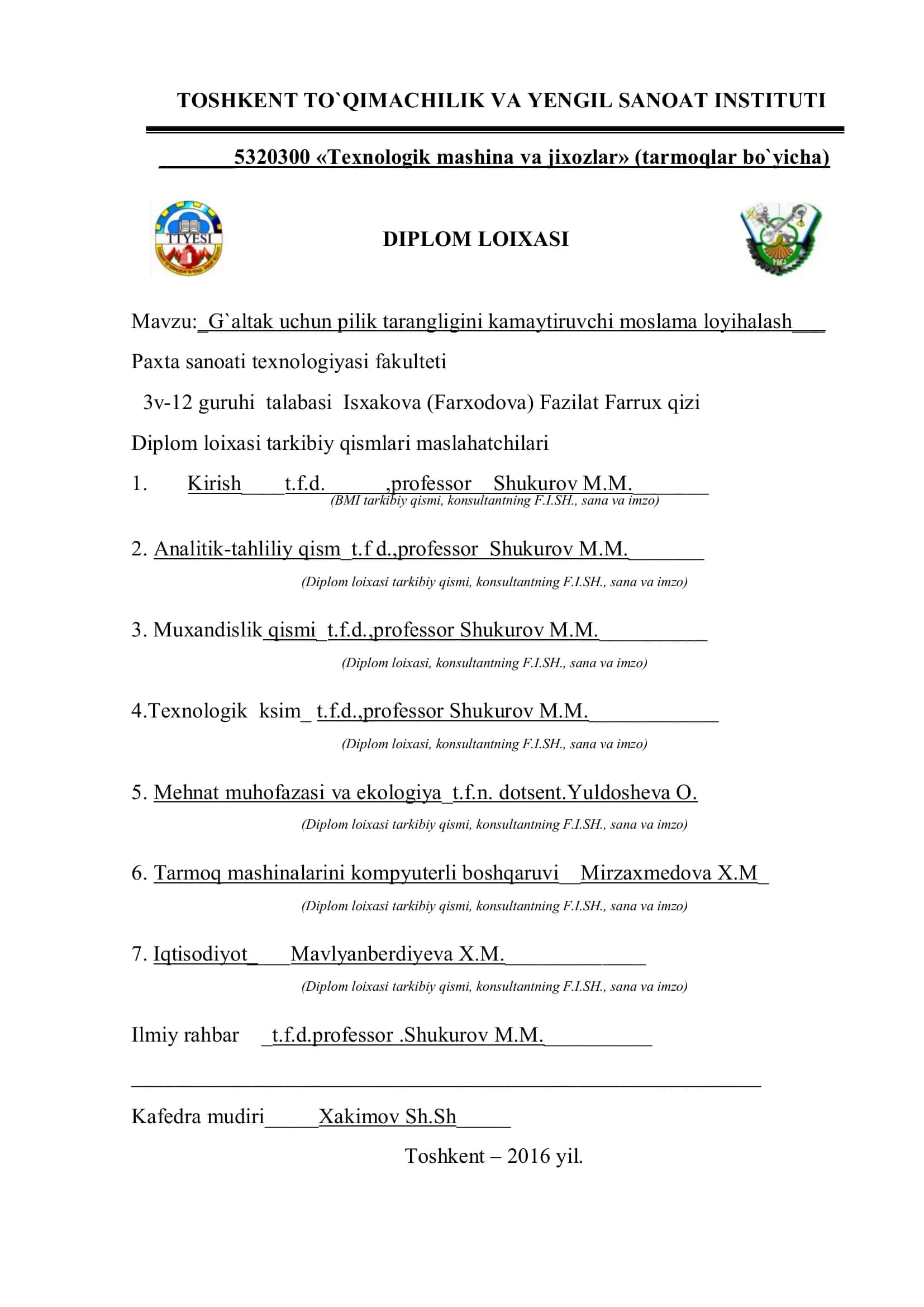 G`altak uchun pilik tarangligini kamaytiruvchi moslama loyihalash