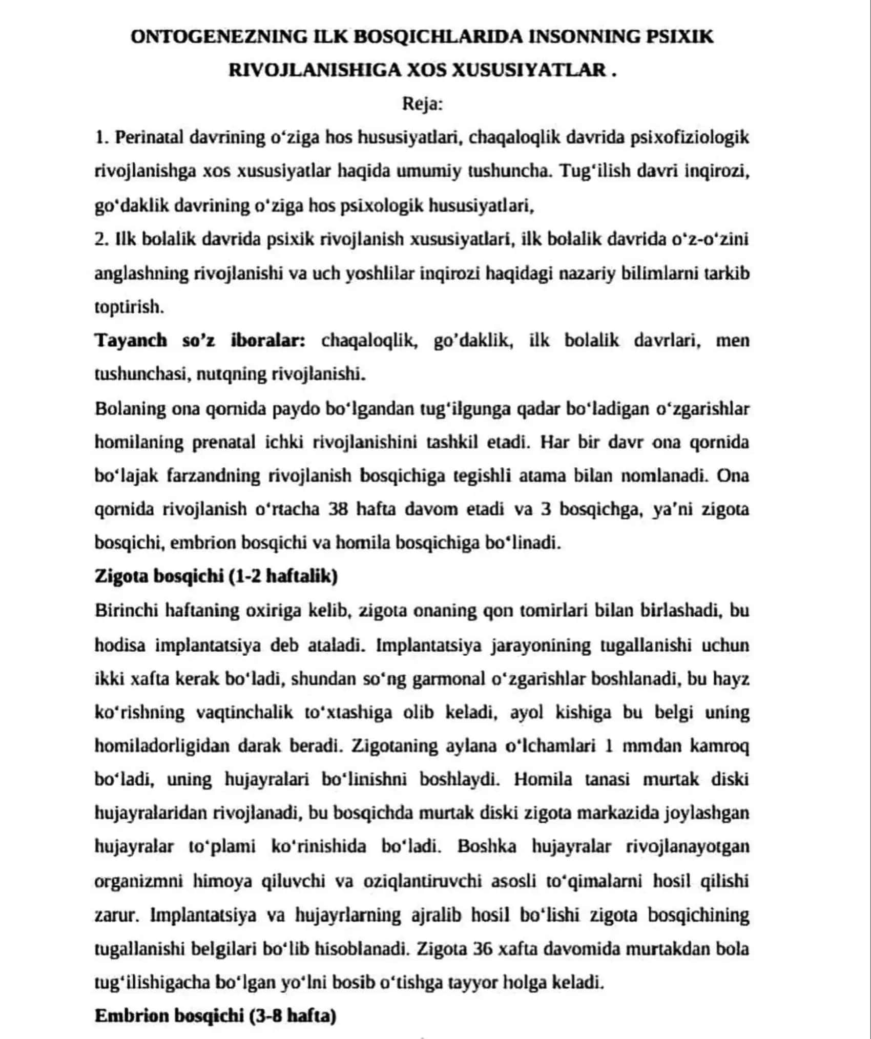 Ontogenezning ilk bosqichlarida insonning psixik rivojlanishiga xos xususiyatlari