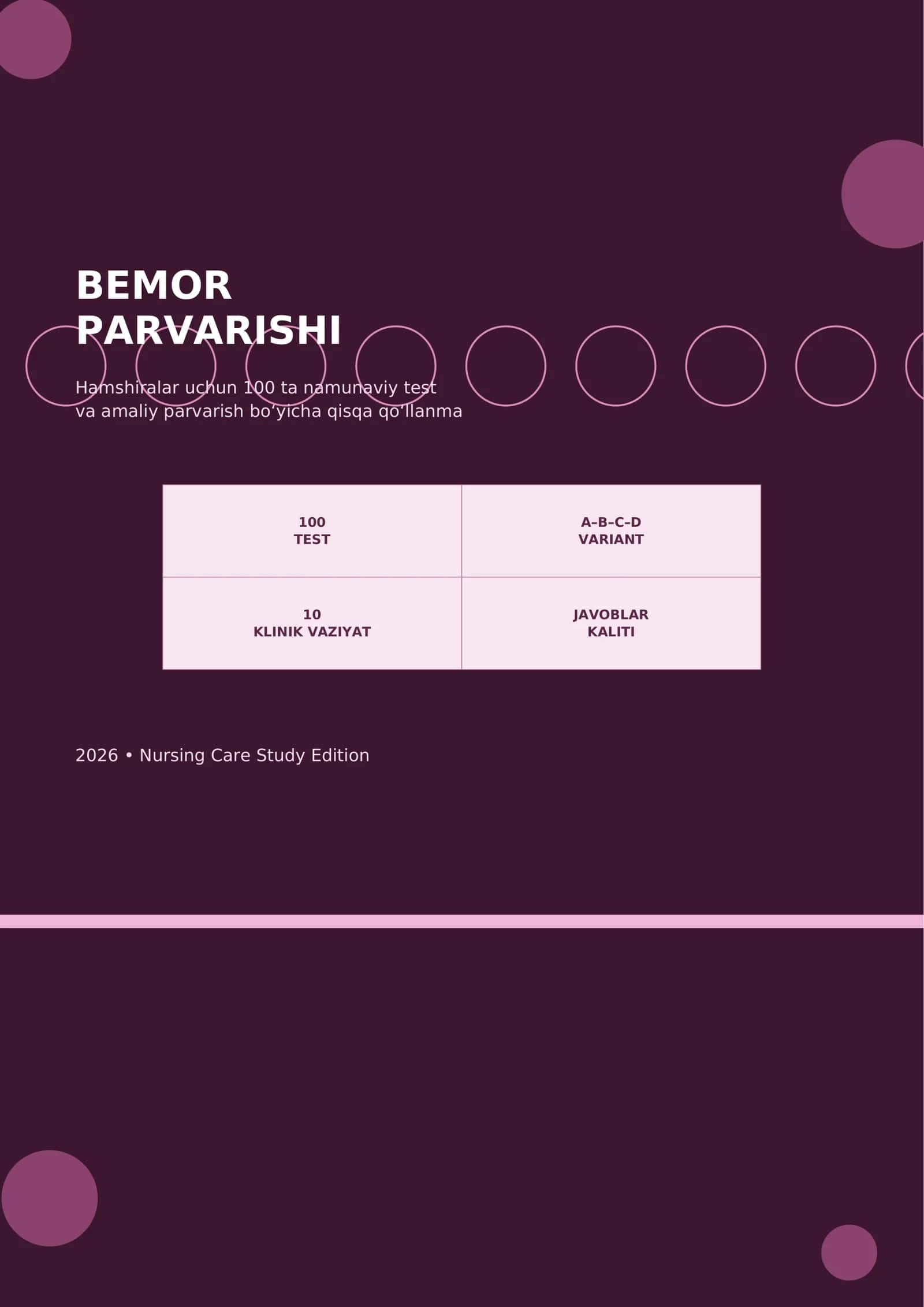 BEMOR PARVARISHI Hamshiralar uchun 100 ta namunaviy test
va amaliy parvarish bo‘yicha qisqa qo‘ll