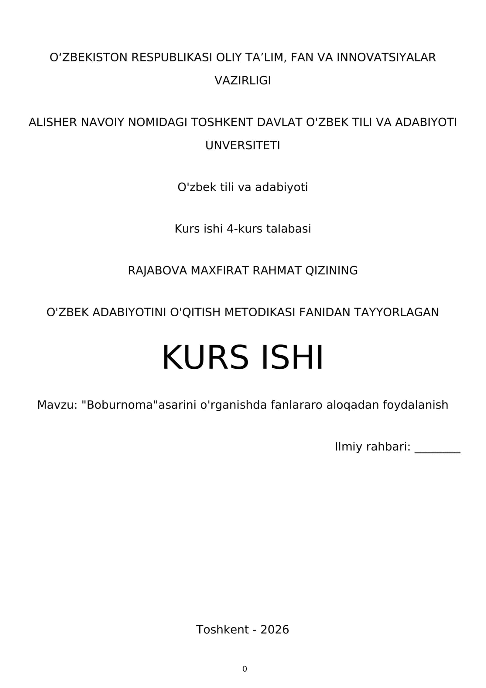 O'ZBEK ADABIYOTINI O'QITISH METODIKASI FANIDAN TAYYORLAGAN