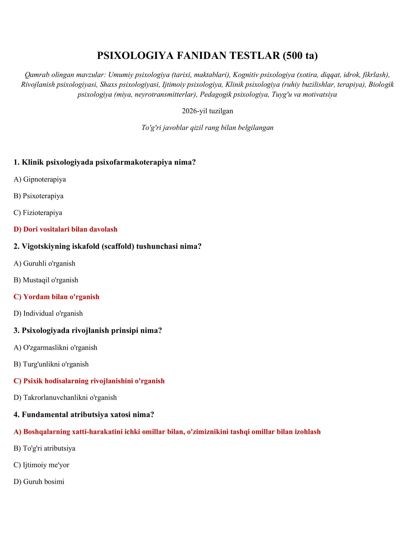 PSIXOLOGIYA FANIDAN TESTLAR (500 ta)