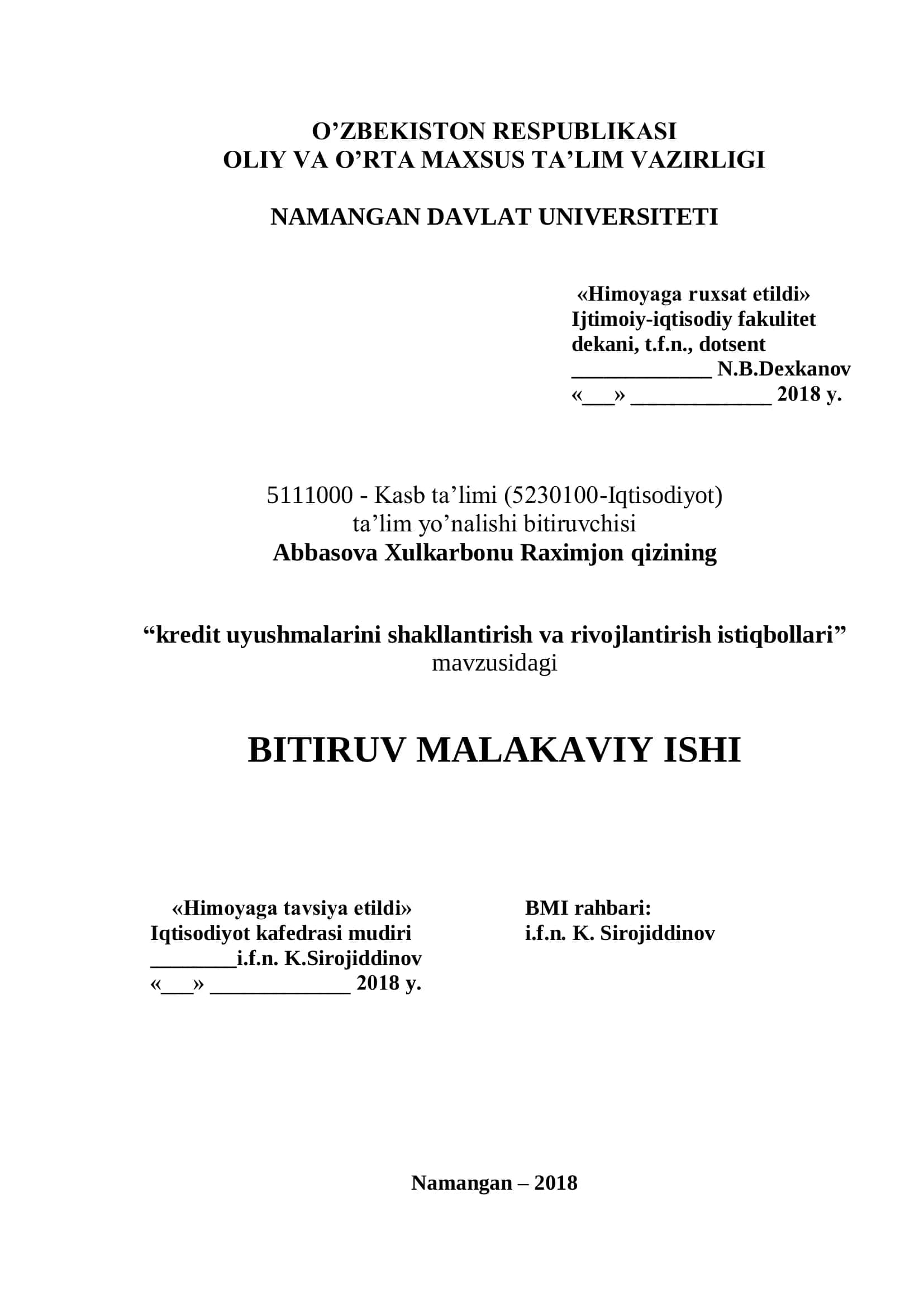 Kredit uyushmalarini shakllantirish va rivojlantirish istiqbollari