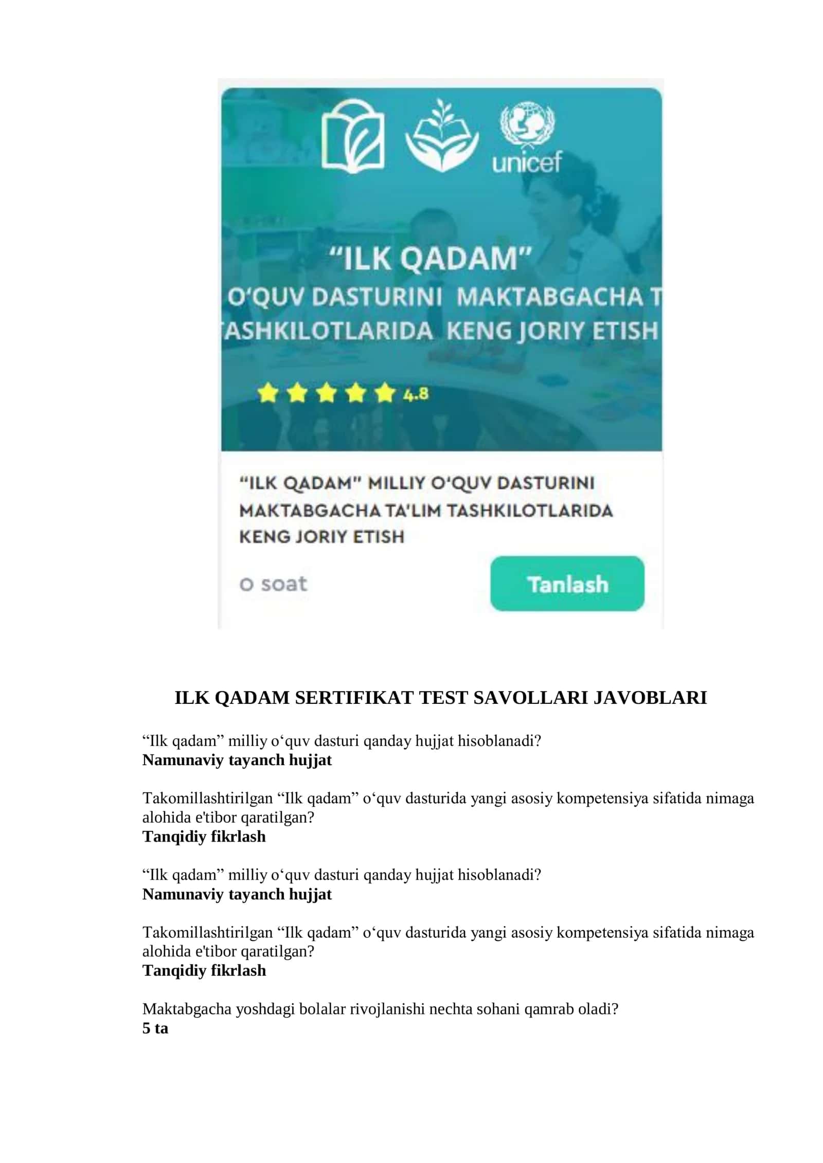 ILK QADAM SERTIFIKAT TEST JAVOBLARI