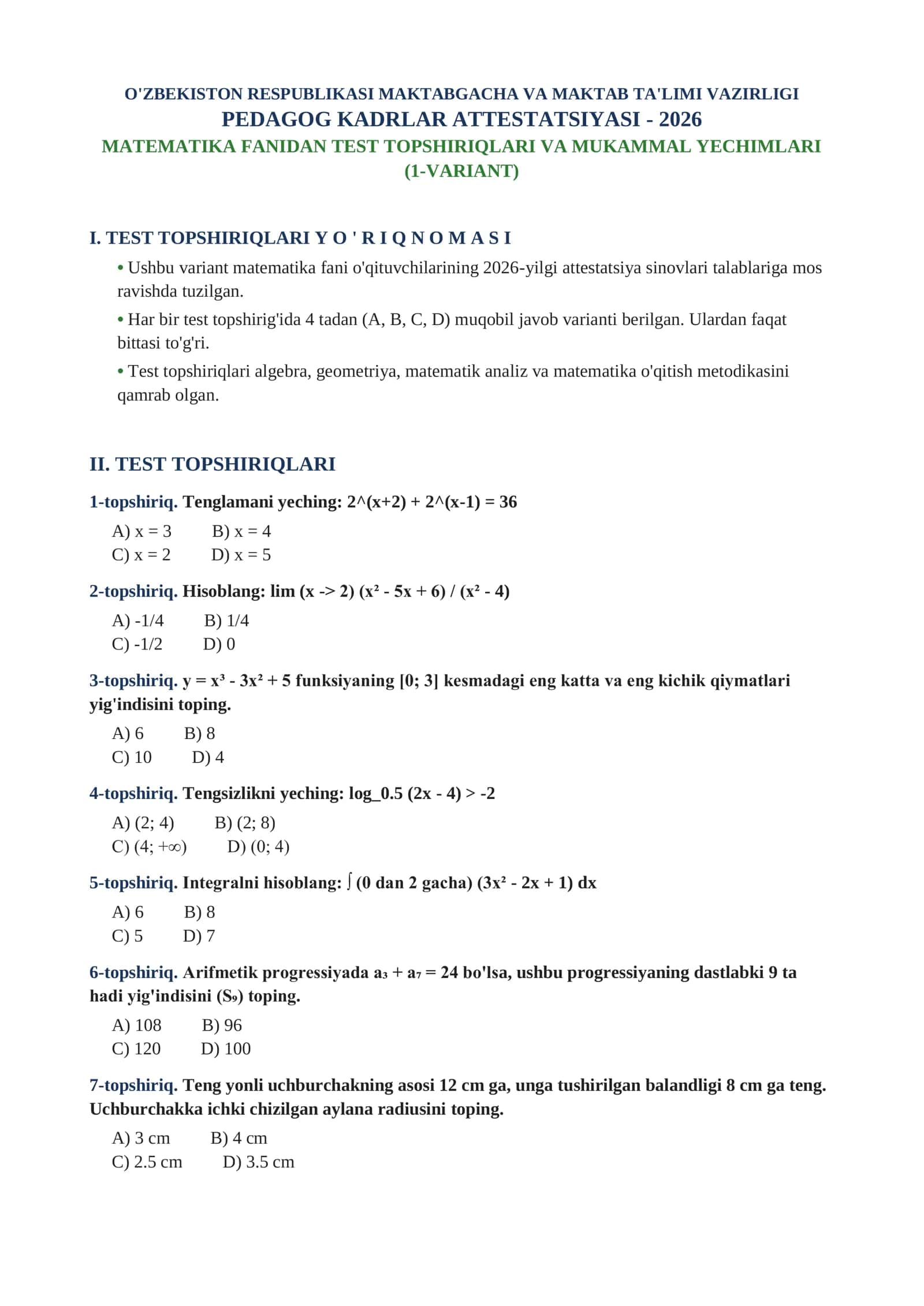 Matematika fanidan Toifa Attestatsiya testlari 2026-yilgi (Javoblari bilan)