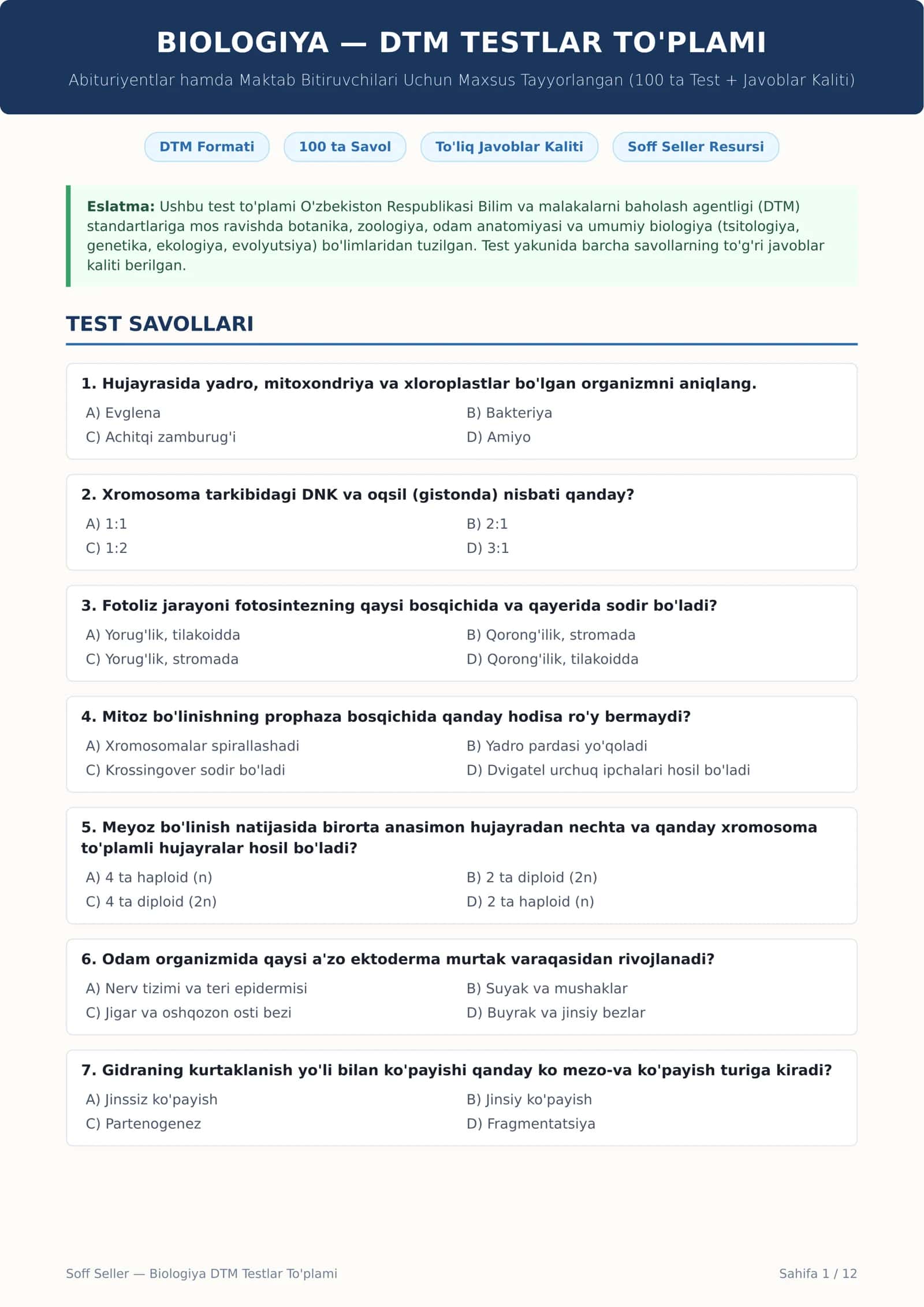 BIOLOGIYA — DTM TESTLAR TO'PLAMI