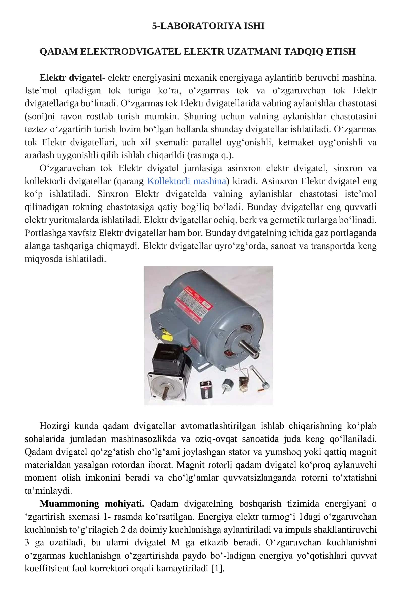 QADAM ELEKTRODVIGATEL ELEKTR UZATMANI TADQIQ ETISH