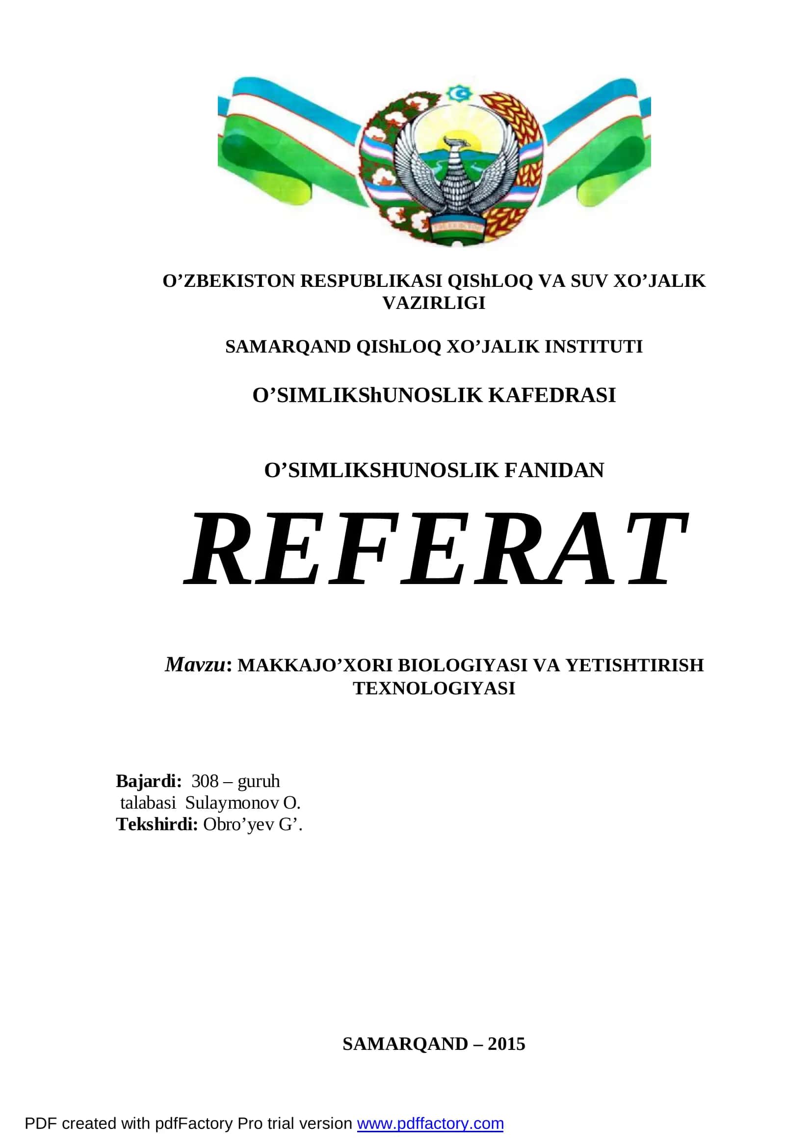 MAKKAJO’XORI BIOLOGIYASI VA YETISHTIRISH TEXNOLOGIYASI