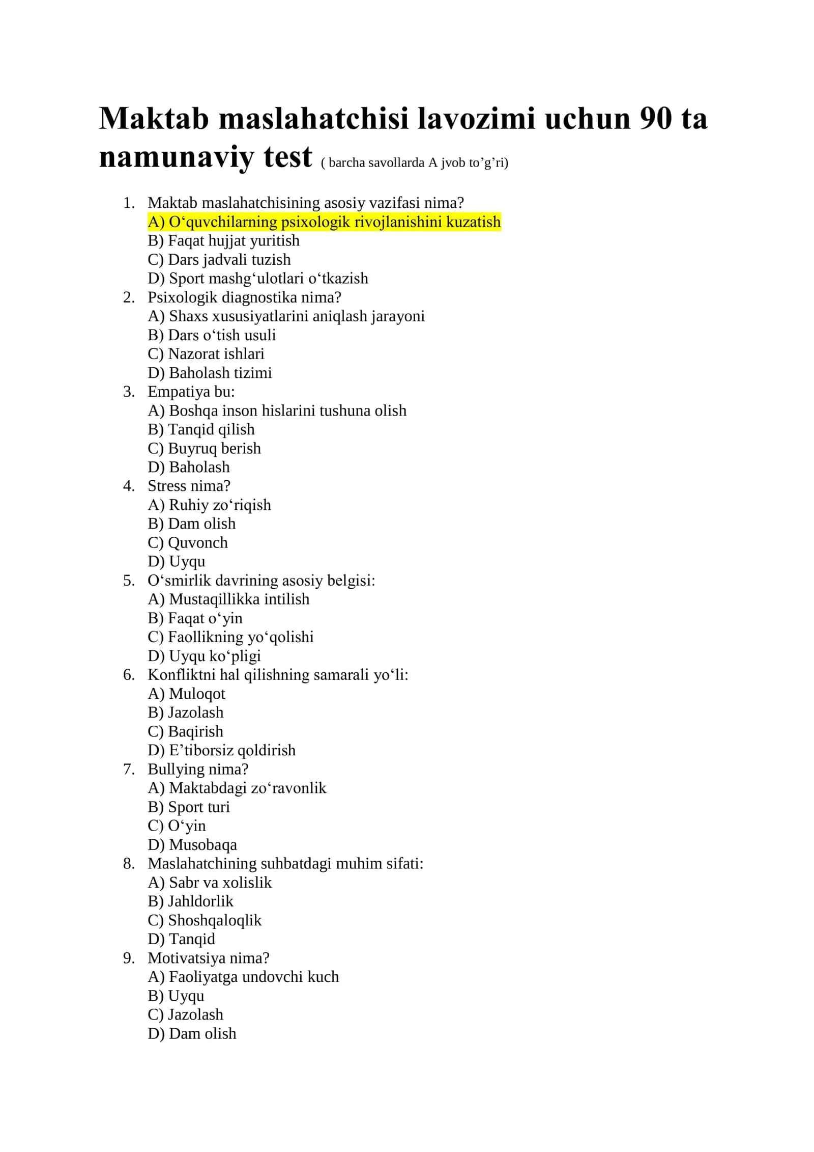 Maktab maslahatchisi uchun test