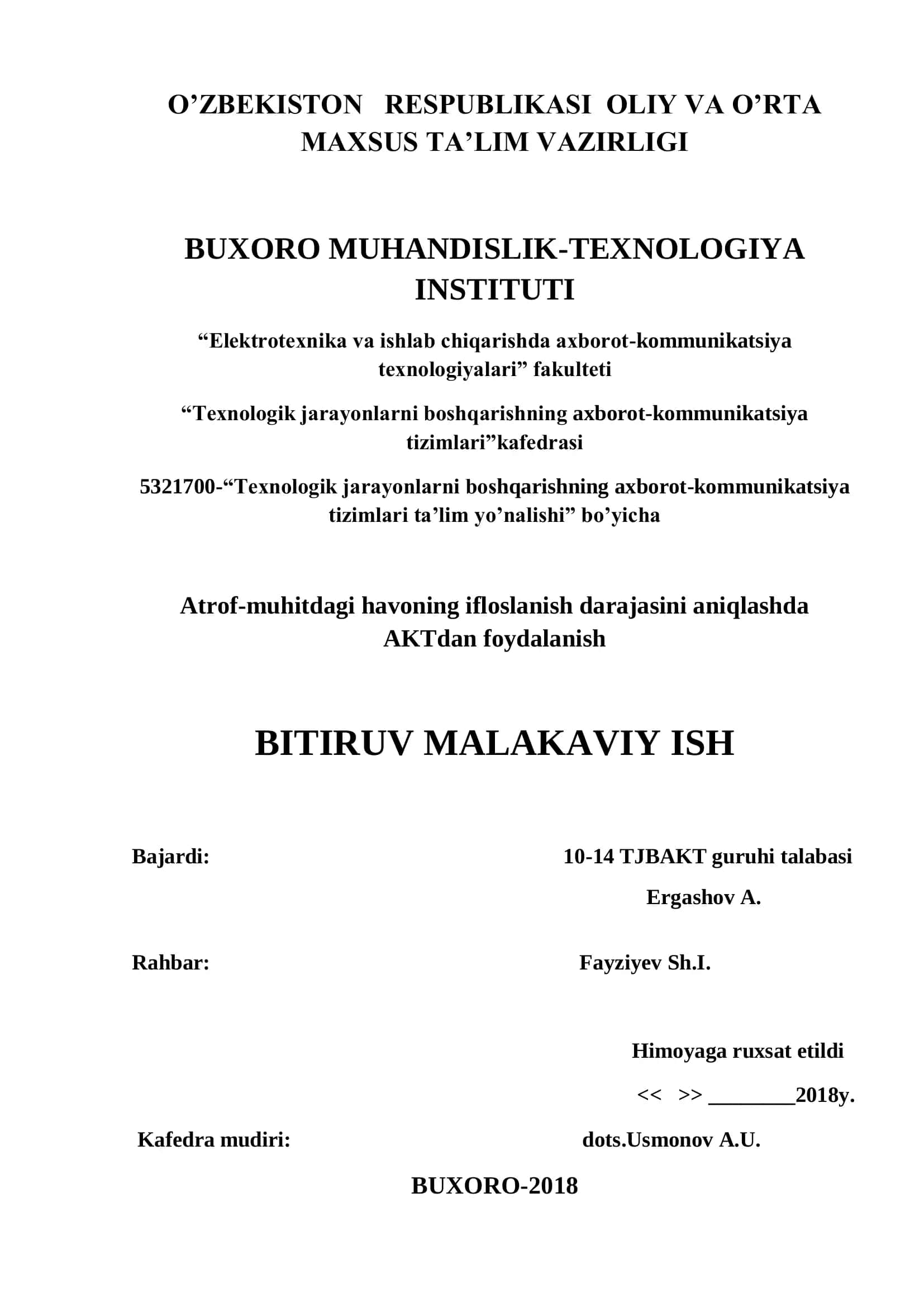 Texnologik jarayonlarni boshqarishning axborot-kommunikatsiya tizimlari ta’lim yo’nalishi