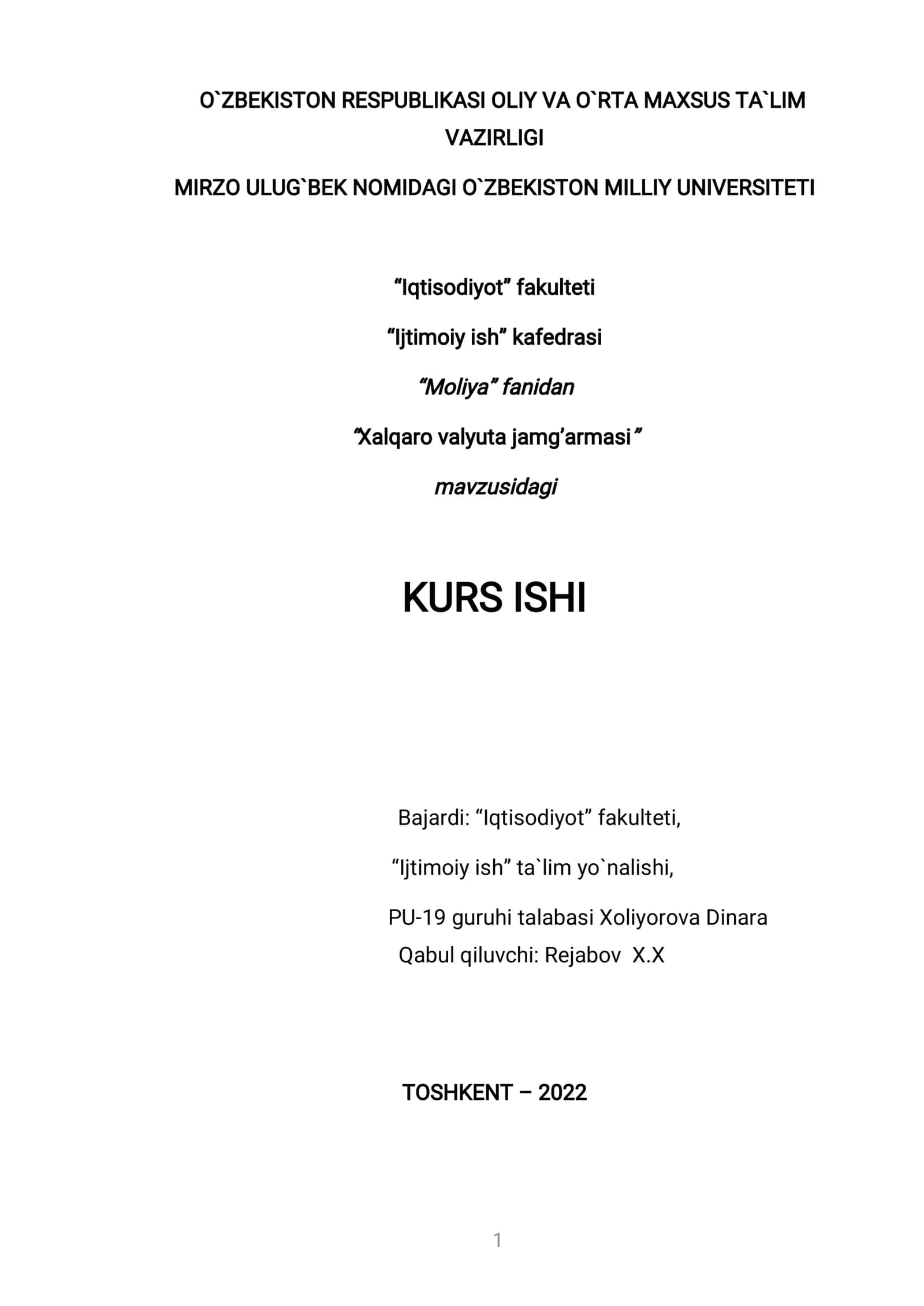Xalqaro valyuta jamg’armasi. kurs ishi