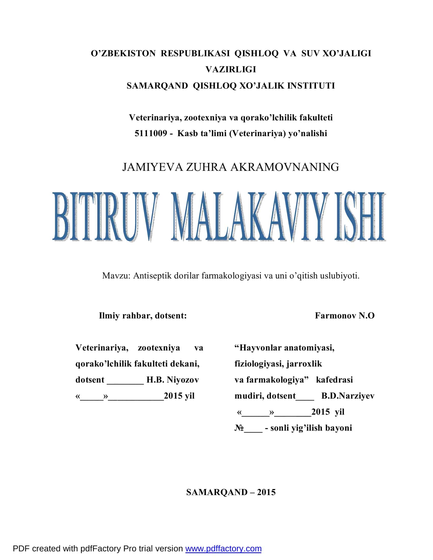 Antiseptik dorilar farmakologiyasi va uni o’qitish uslubiyoti