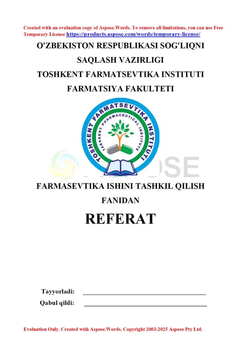Dorixonalarda dori vositalarini tayyorlash ishlarini tashkil qilish. Retseptni taksirovka va ekspertiza qilish. Referat 11 bet.