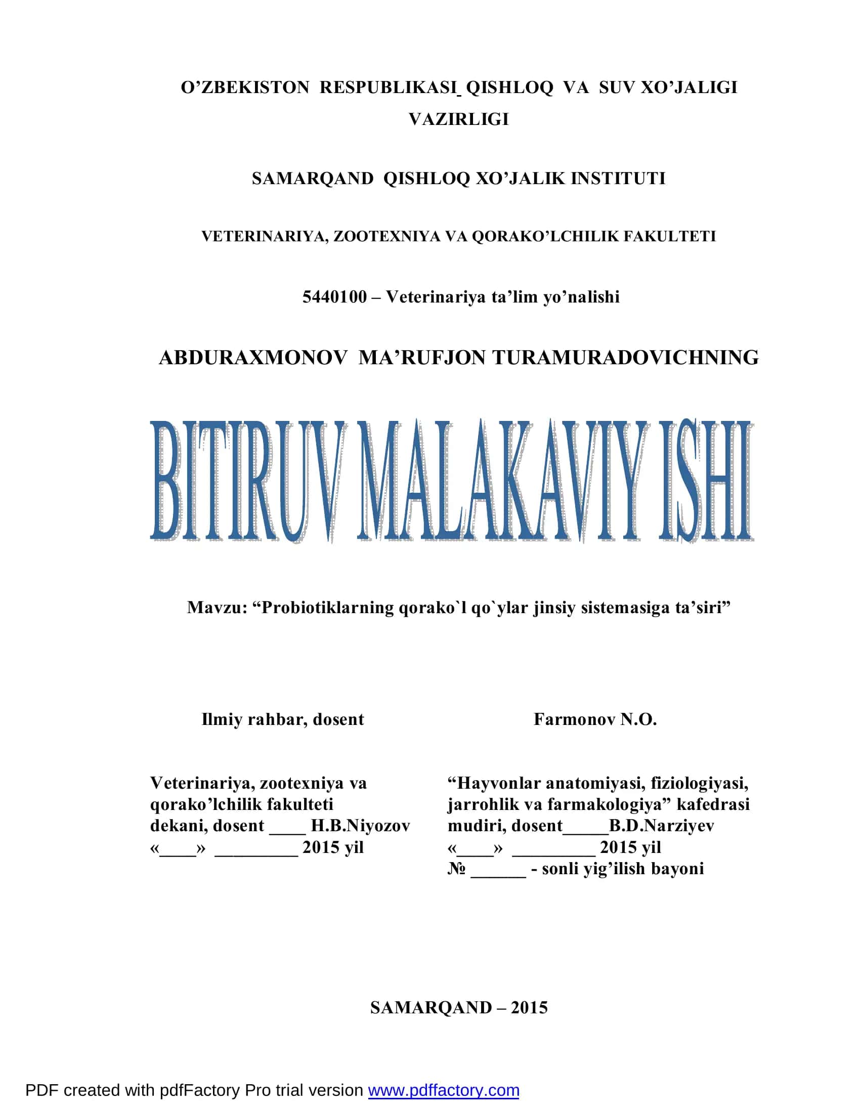 Probiotiklarning qorako`l qo`ylar jinsiy sistemasiga ta’siri