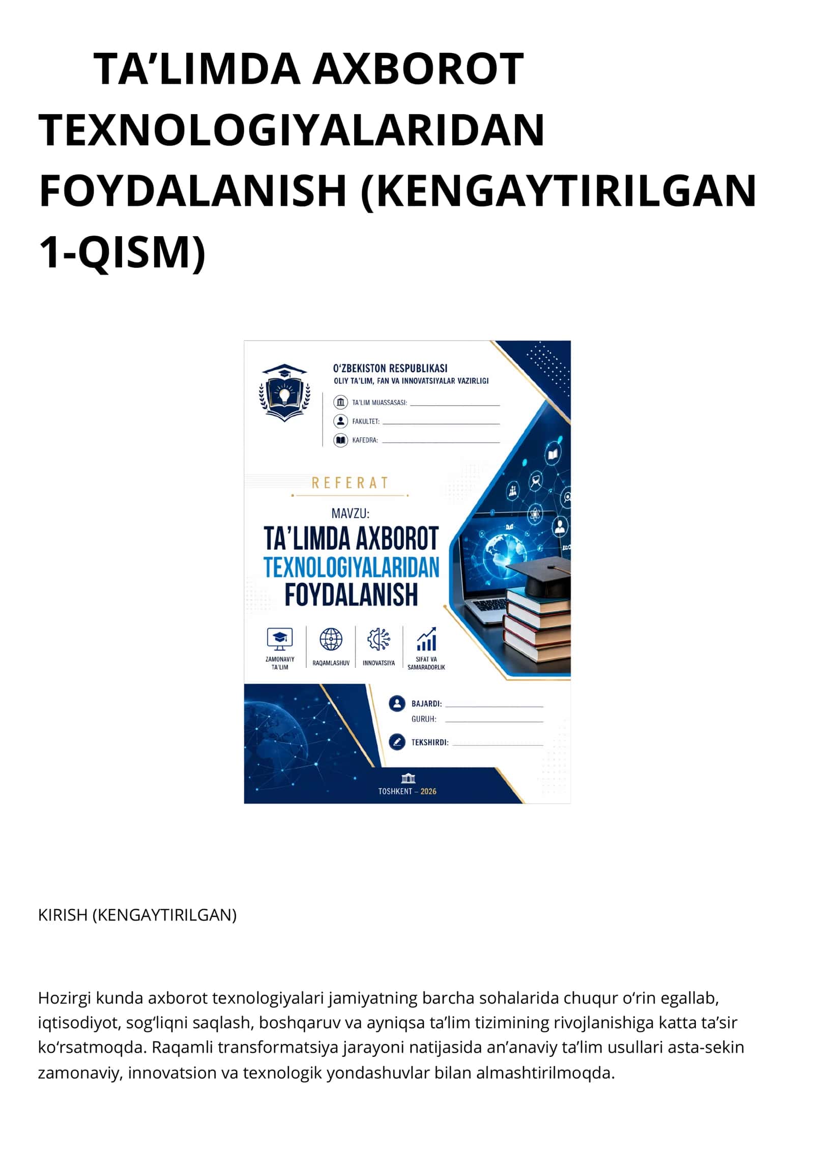 TA’LIMDA AXBOROT TEXNOLOGIYALARIDAN FOYDALANISH