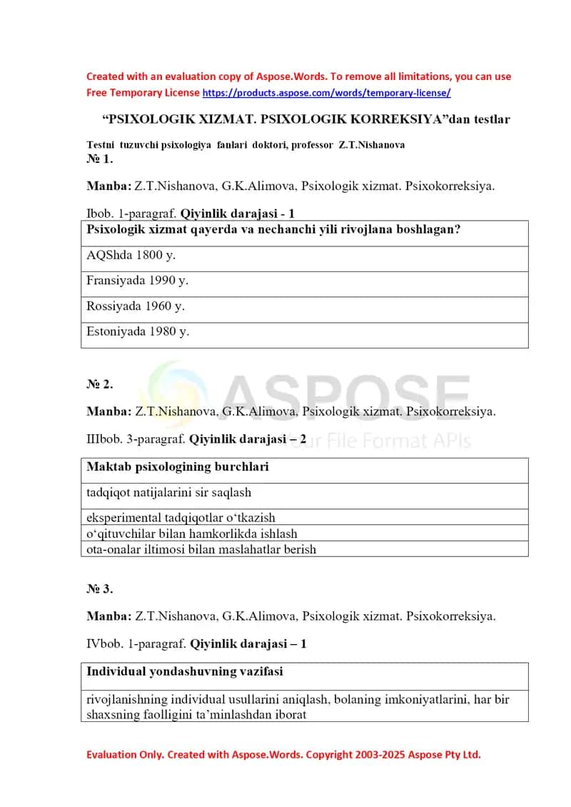 PSIXOLOGIK XIZMAT. PSIXOLOGIK KORREKSIYA testlari