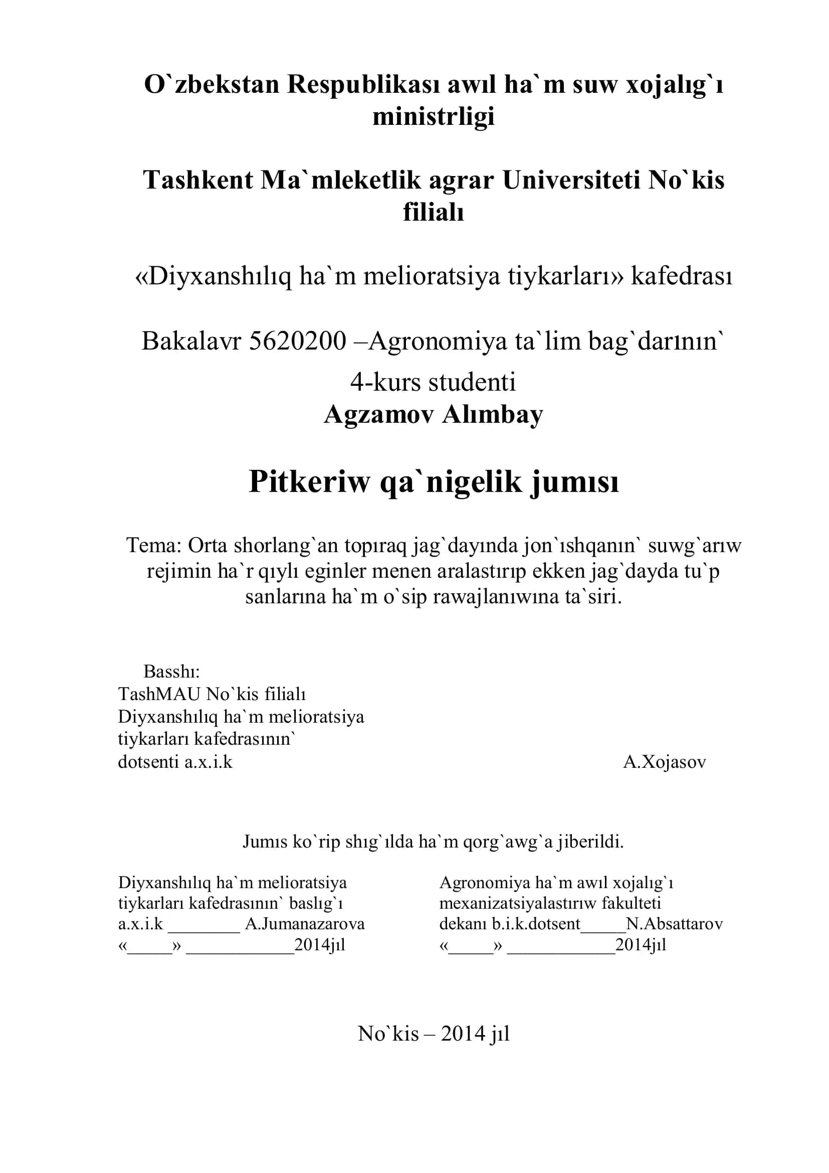 Pitkeriw qa`nigelik jumısı