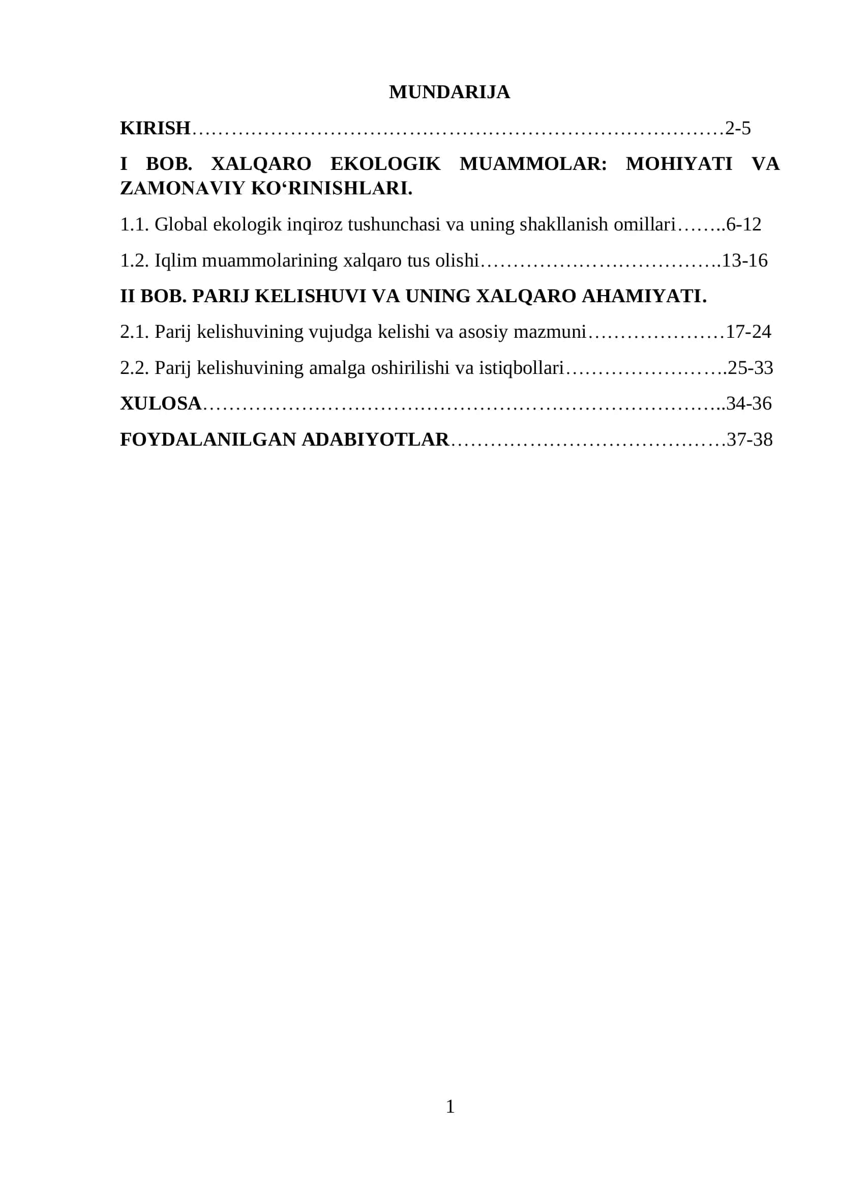 Global Ekologik Muammolar va Parij kelishuvi