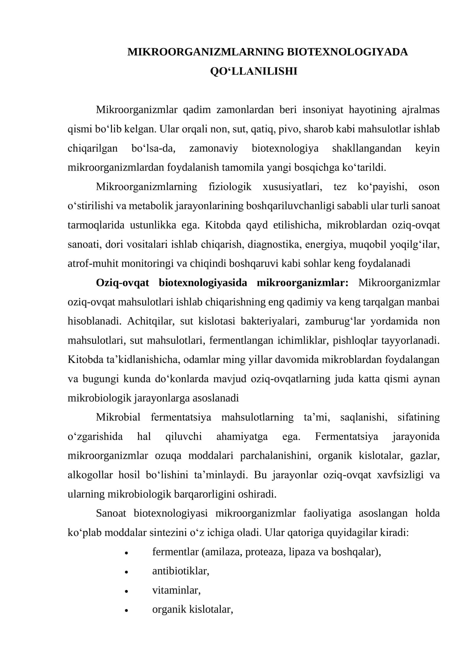 Mikroorganizmlarning Biotexnologiyada Qo‘llanilishi