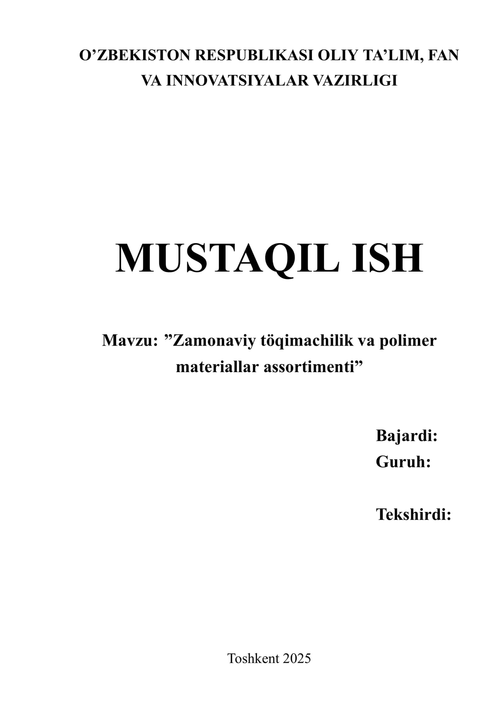Zamonaviy töqimachilik va polimer materiallar assortimenti