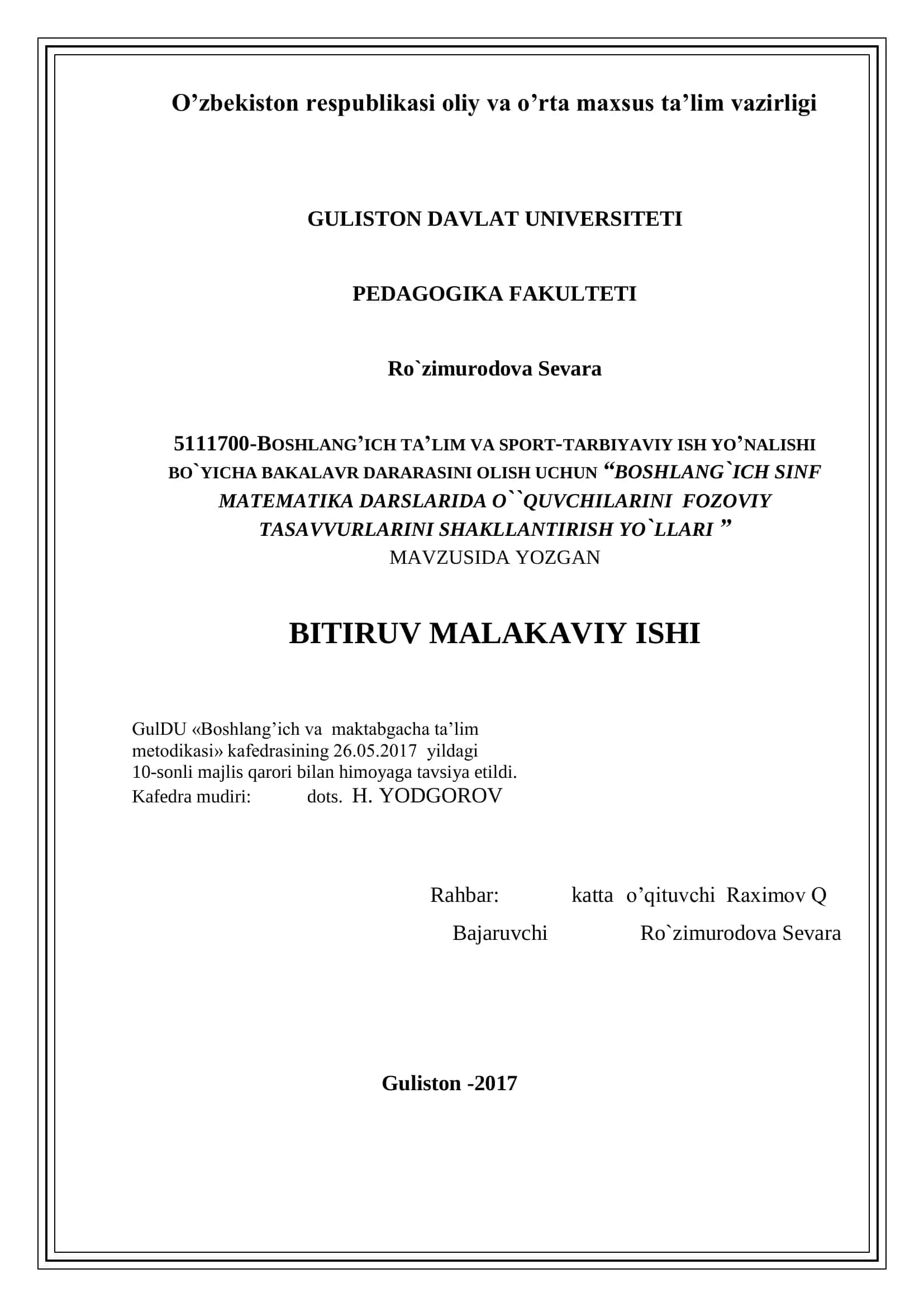 BOSHLANG`ICH SINF MATEMATIKA DARSLARIDA O``QUVCHILARINI FOZOVIY TASAVVURLARINI SHAKLLANTIRISH YO`LLARI
