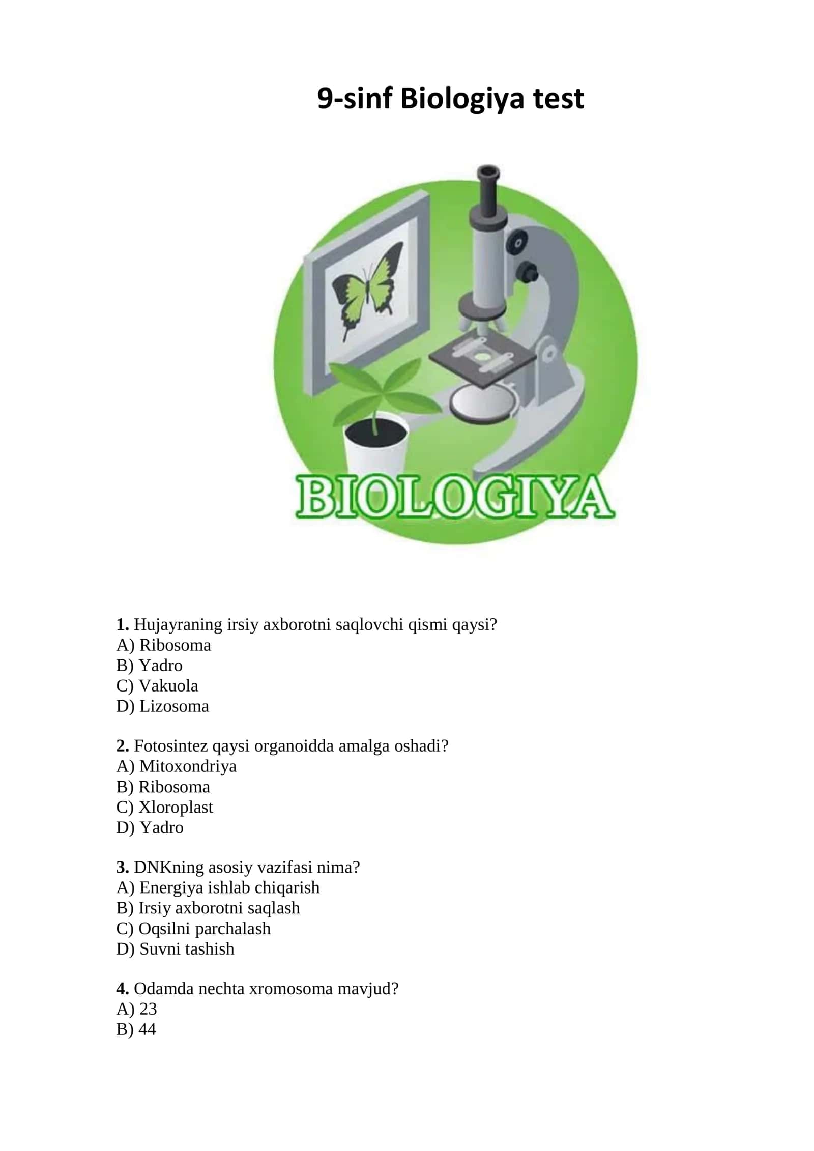 9-sinf Biologiya testi