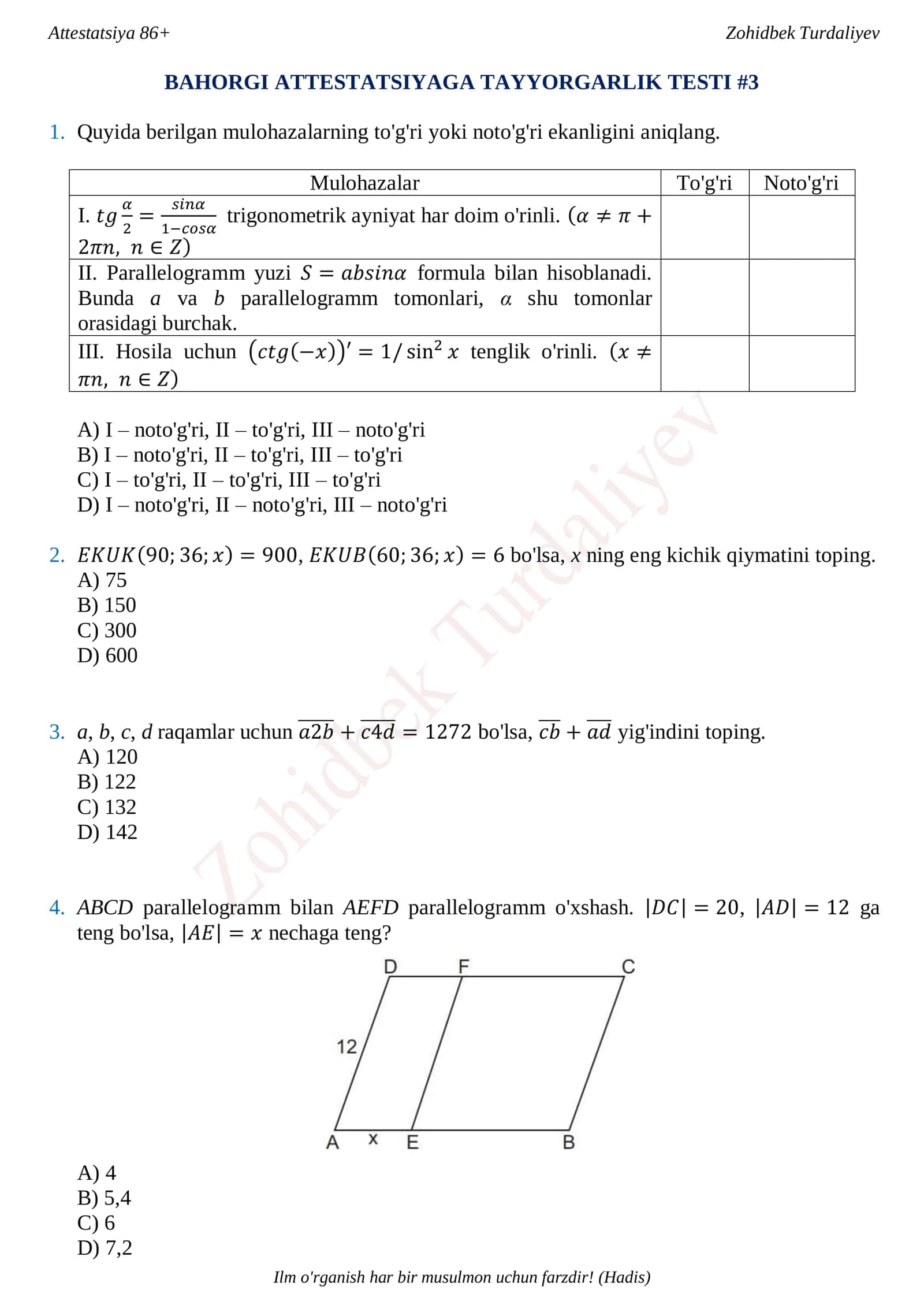 BAHORGI ATTESTATSIYAGA TAYYORGARLIK TESTI #3