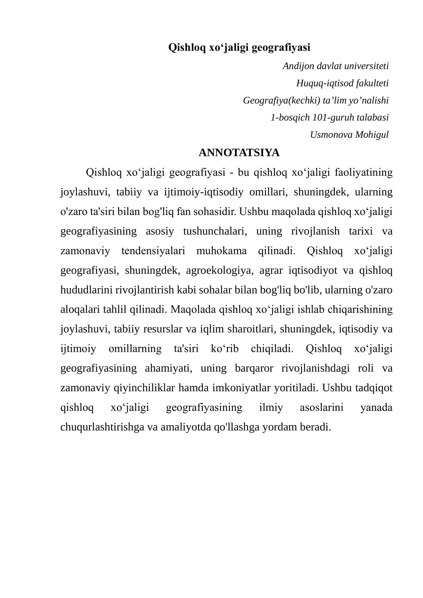 Qishloq xoʻjaligi geografiyasi