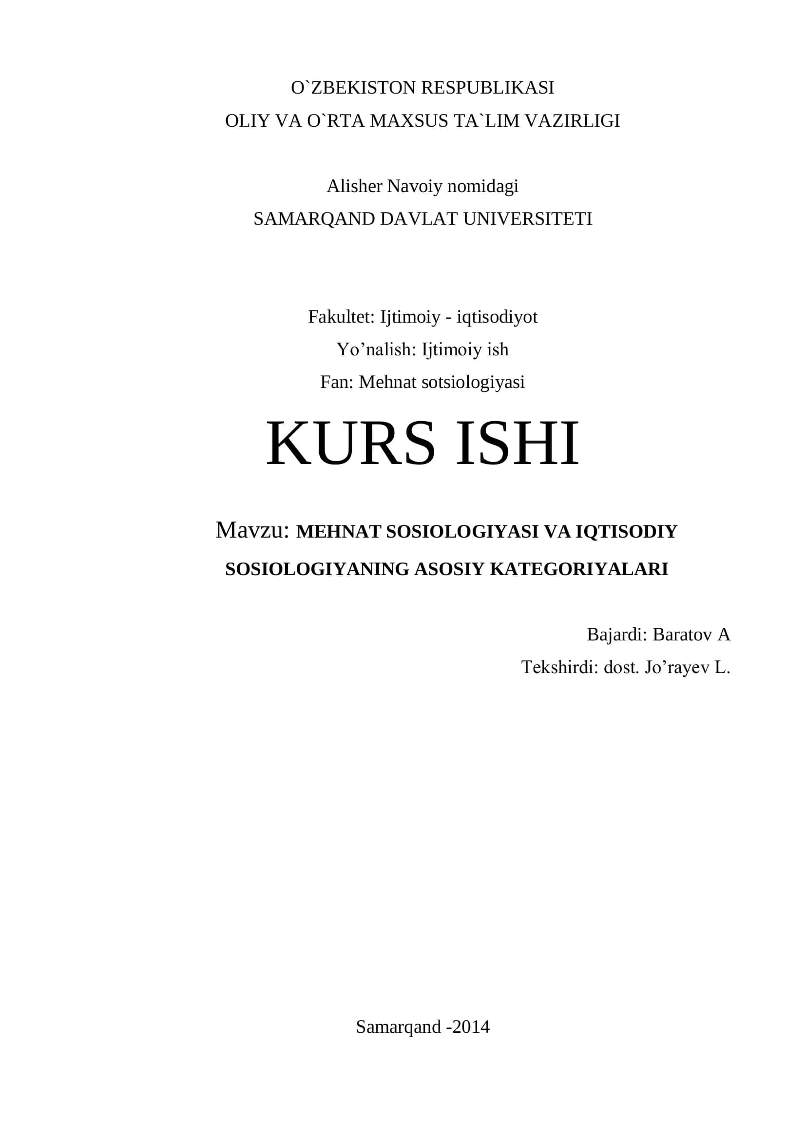 MEHNAT SOSIOLOGIYASI VA IQTISODIY SOSIOLOGIYANING ASOSIY KATEGORIYALARI