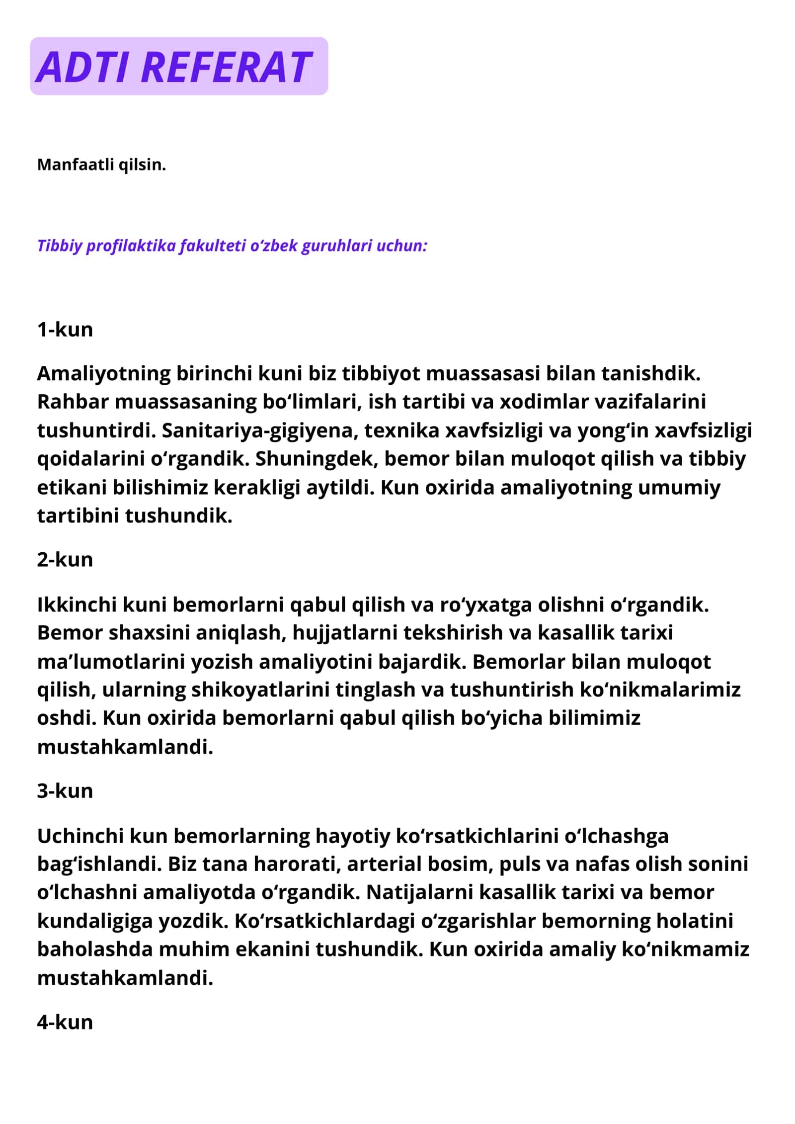Tibbiy profilaktika fakulteti uchun referat