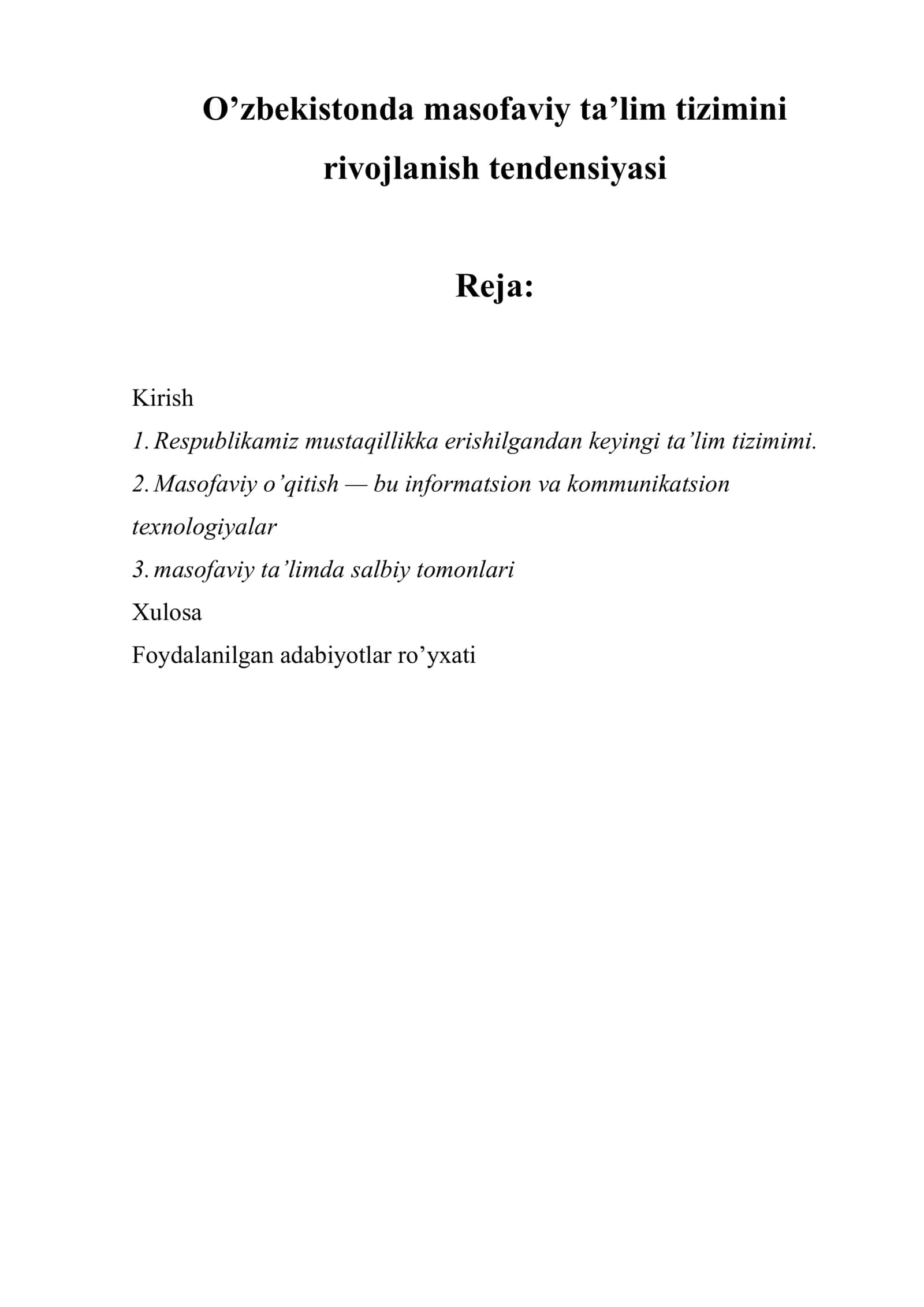 O’zbekistonda masofaviy ta’lim tizimini rivojlanish tendensiyasi
